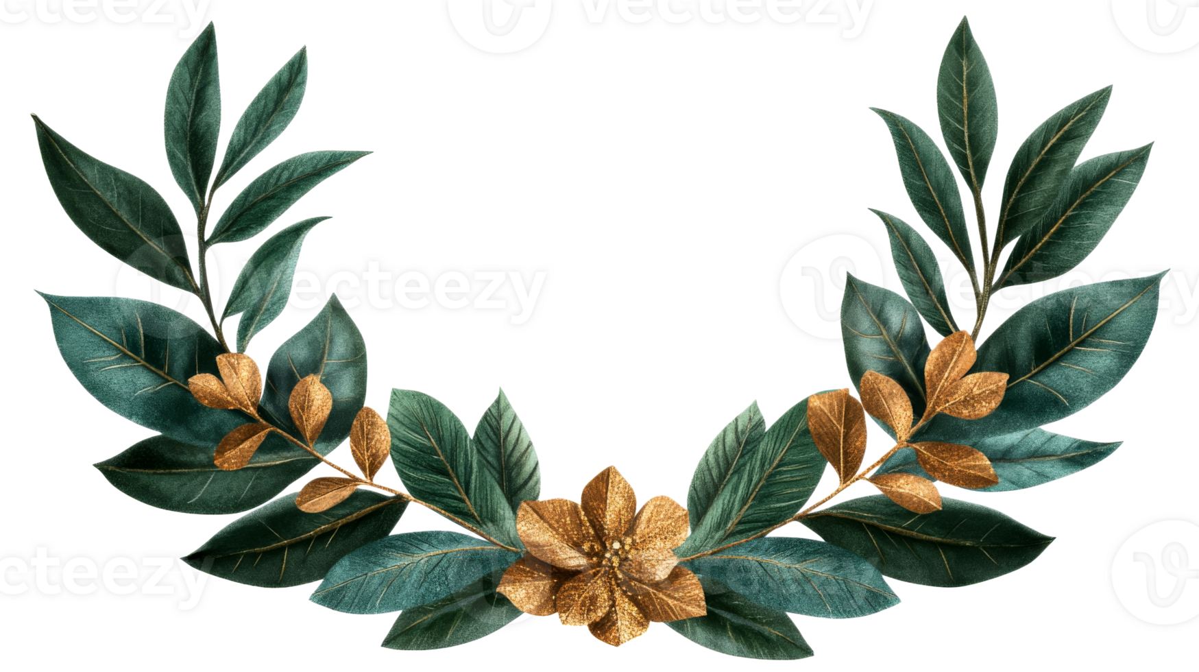 Golden flower with leaves wreath design element, cut out transparent png