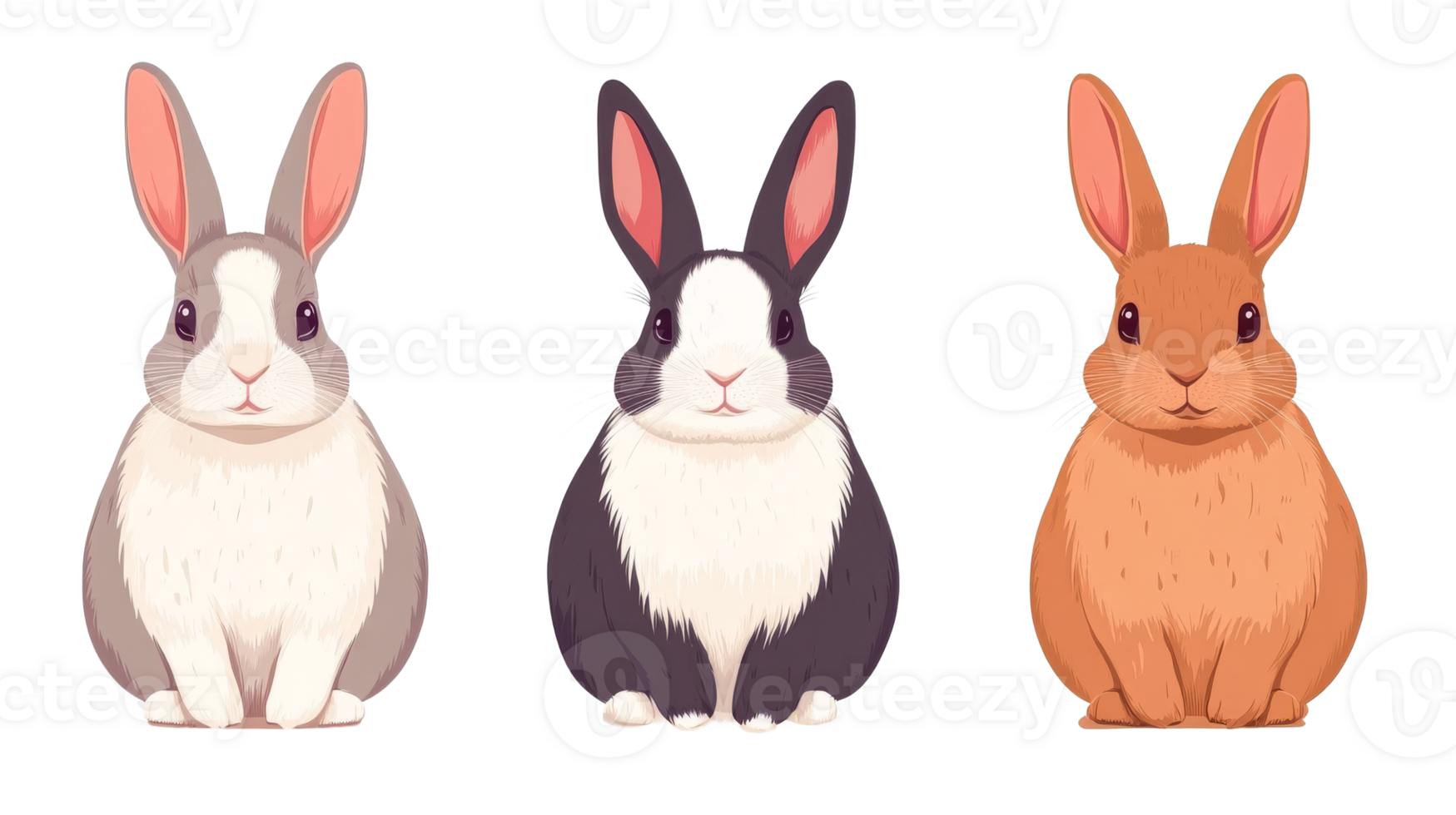 Three adorable rabbits of different colors look forward, cut out transparent png