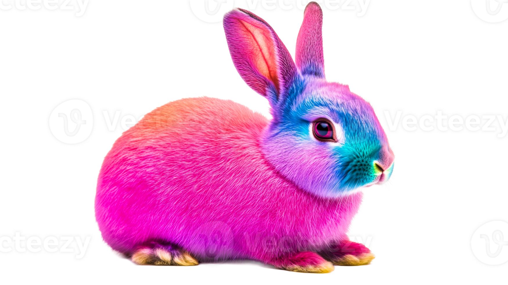 Colorful bunny with bright neon fur, isolated on transparent background, cut out transparent png