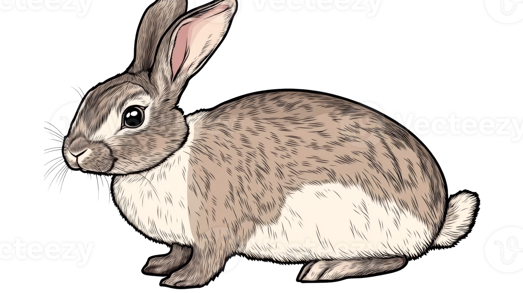 Charming illustration of a wild rabbit, isolated on black, cut out transparent png