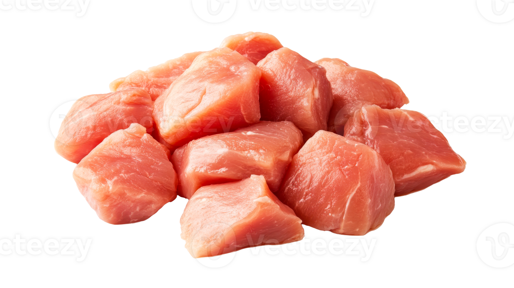Diced pork meat pieces, fresh raw cubes, transparent background, cut out transparent png