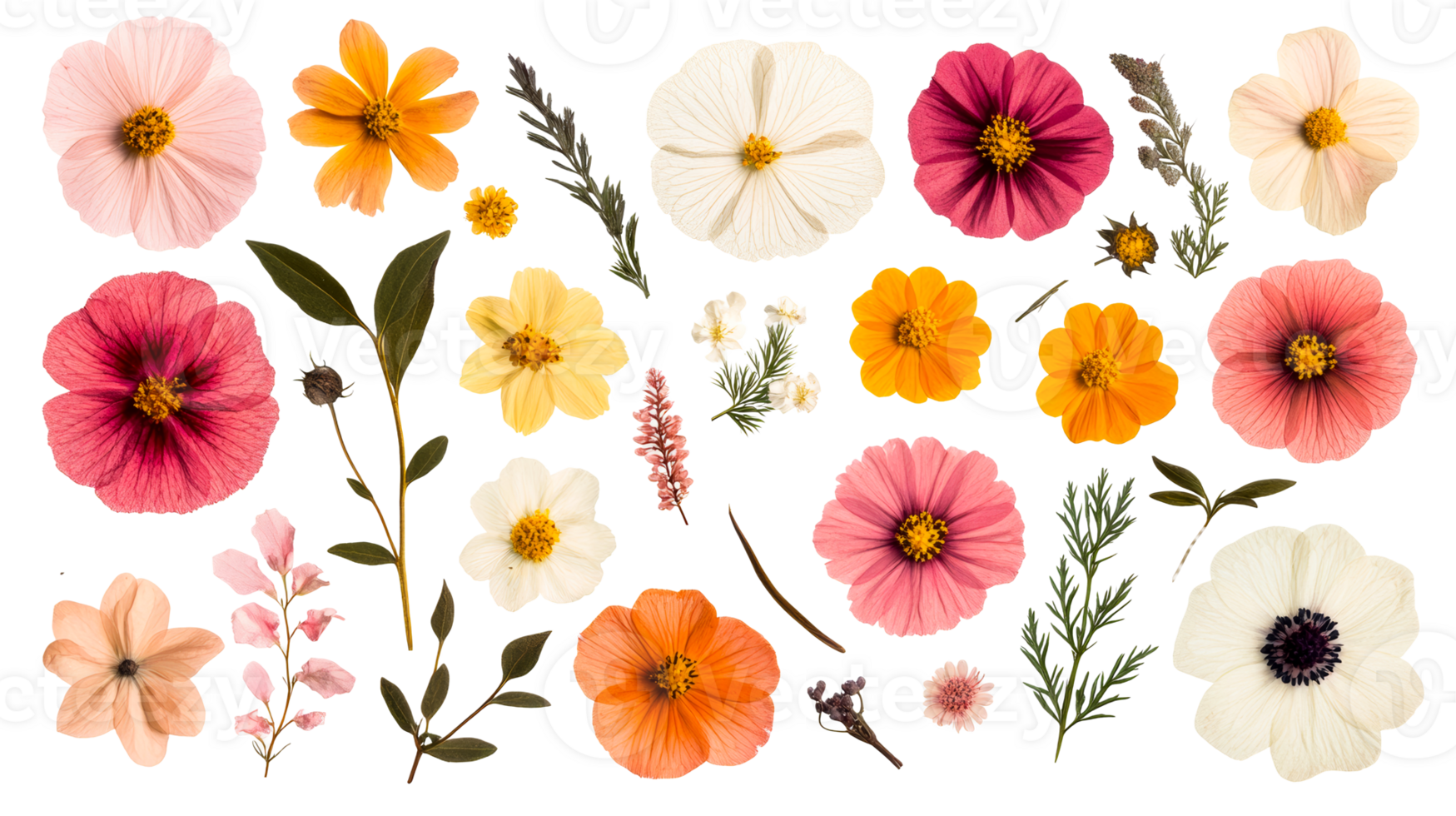 Floral arrangement of cosmos flowers on black background, cut out transparent png