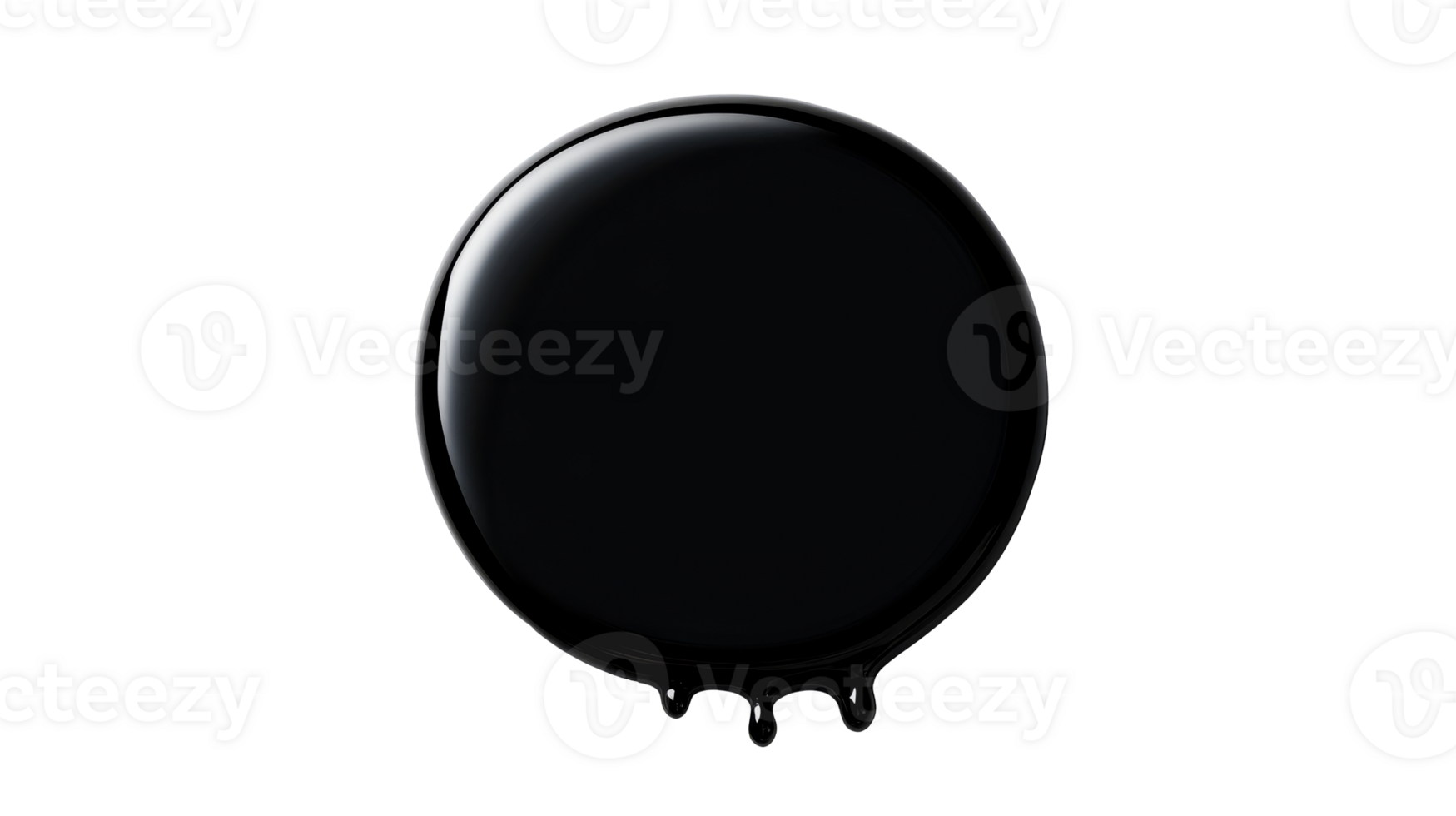 Dark and shiny oil circle with drips of black liquid, cut out transparent png