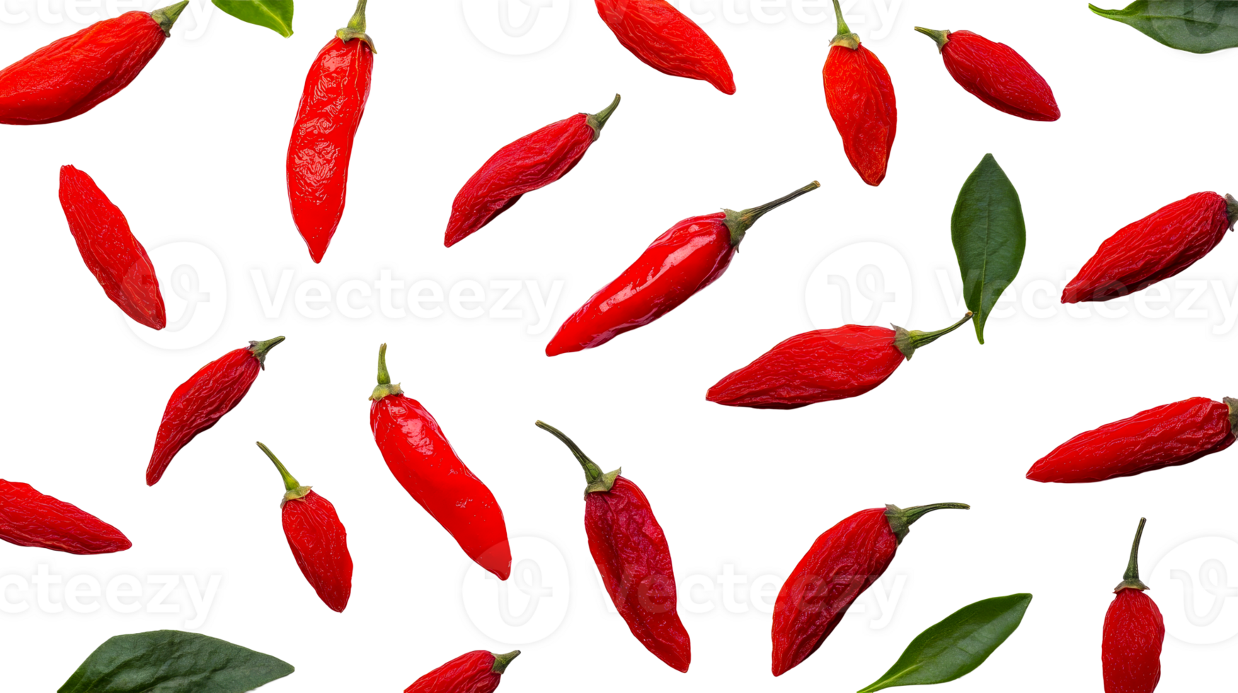 Red chili peppers and leaves arranged artistically , cut out transparent png