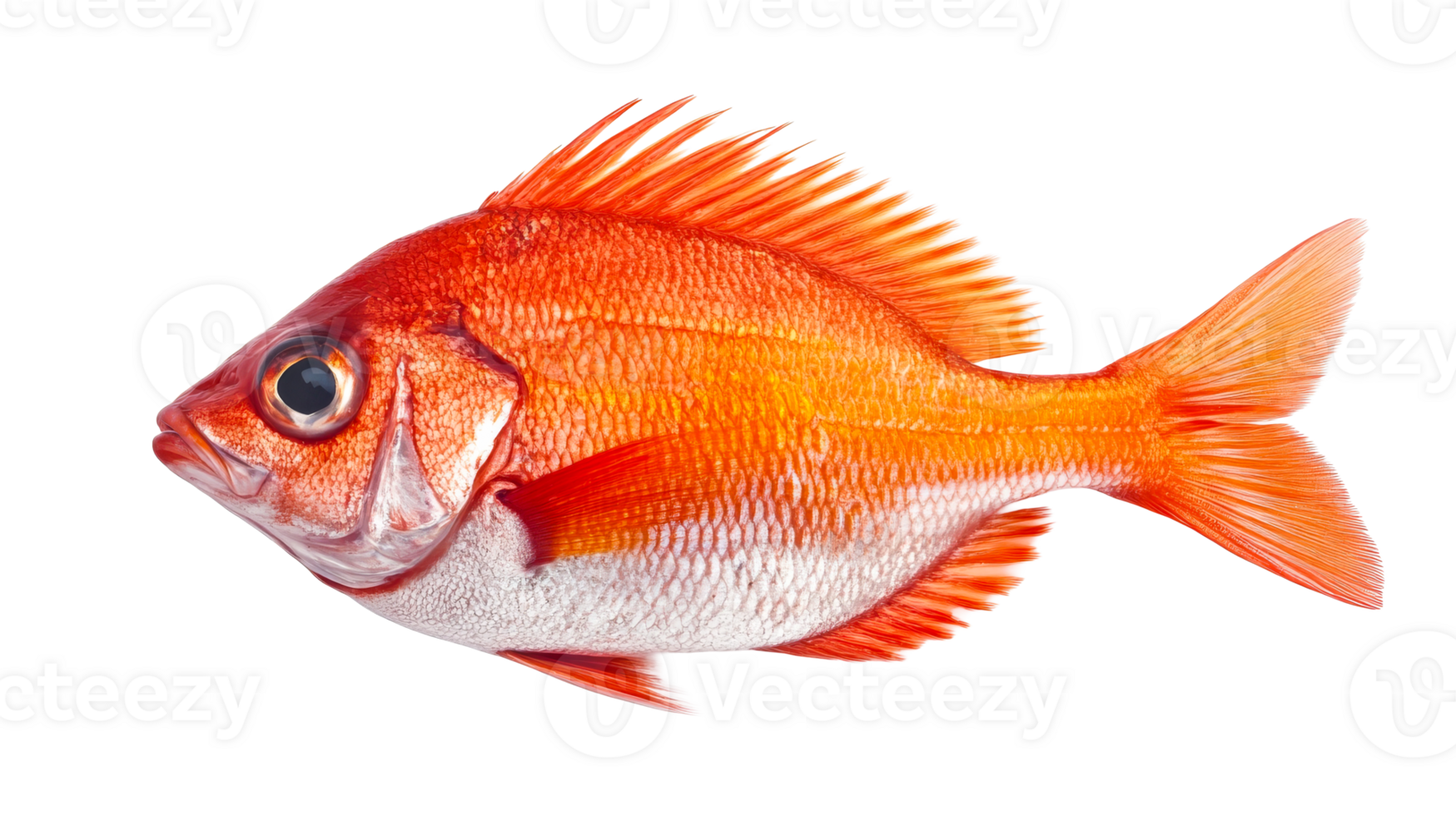 Red fish isolated on black background, realistic aquatic animal, cut out transparent png
