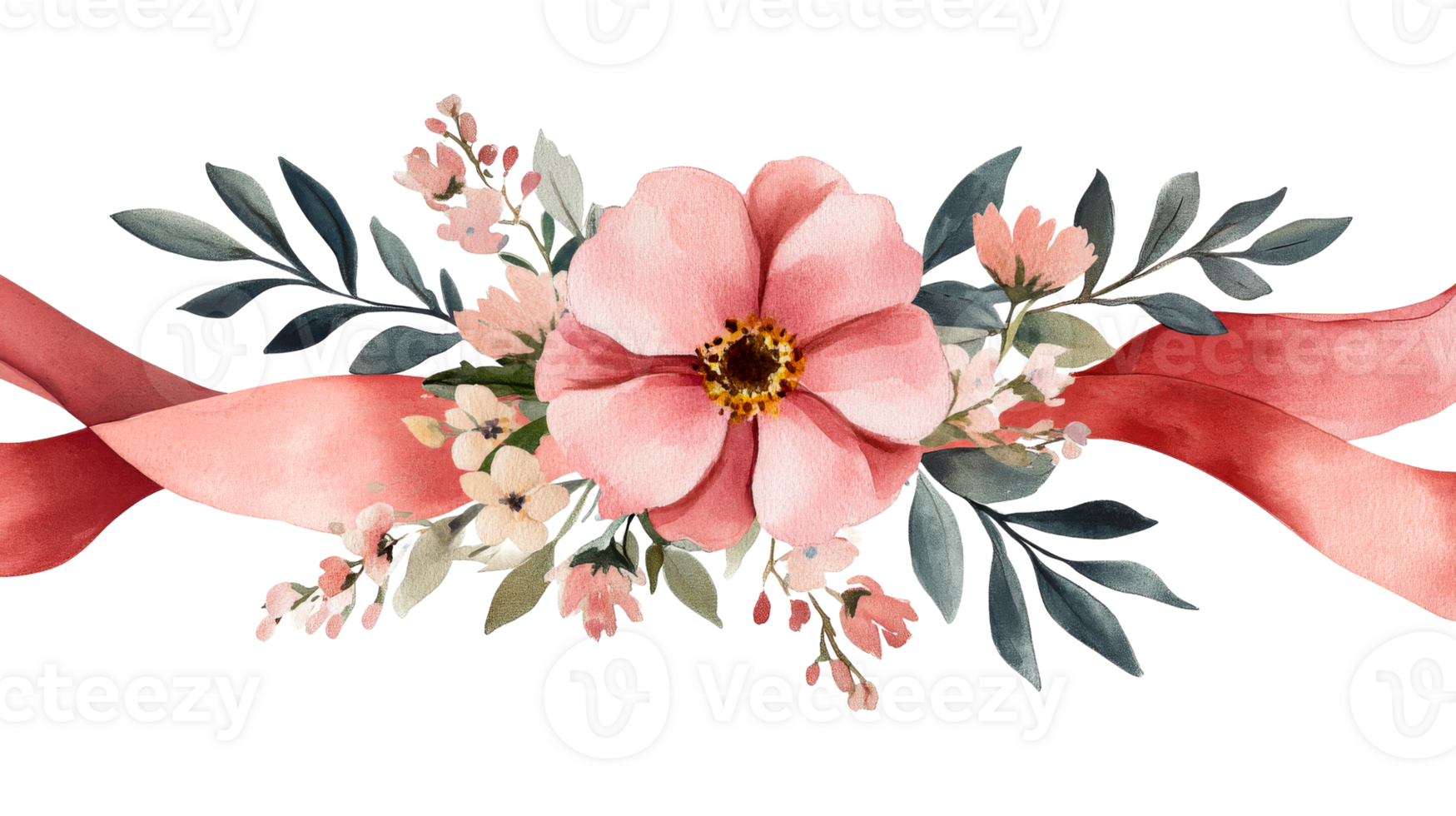 Floral arrangement with pink flower and ribbon design, cut out transparent png