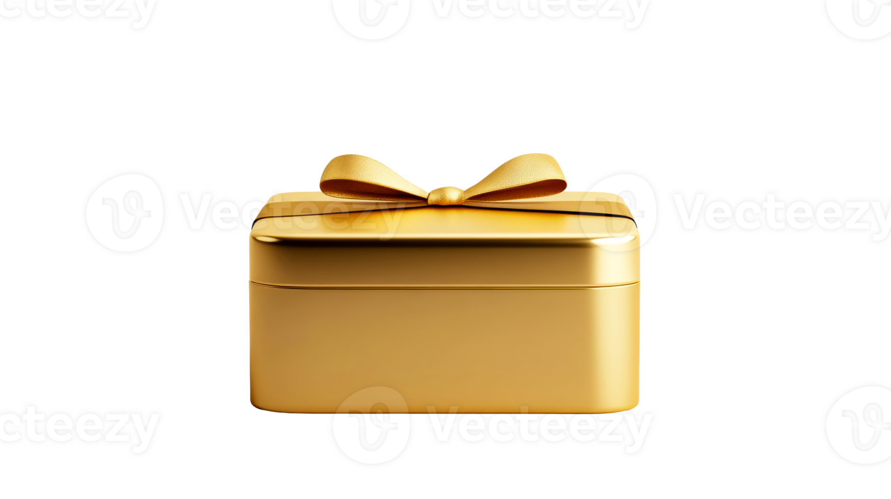 Elegant golden gift box with ribbon bow isolated on black, cut out transparent png