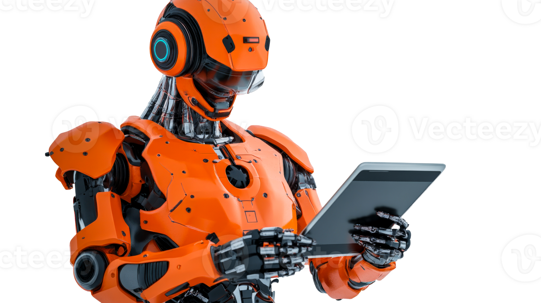 Orange futuristic robot holding tablet, humanoid artificial intelligence, cut out transparent png