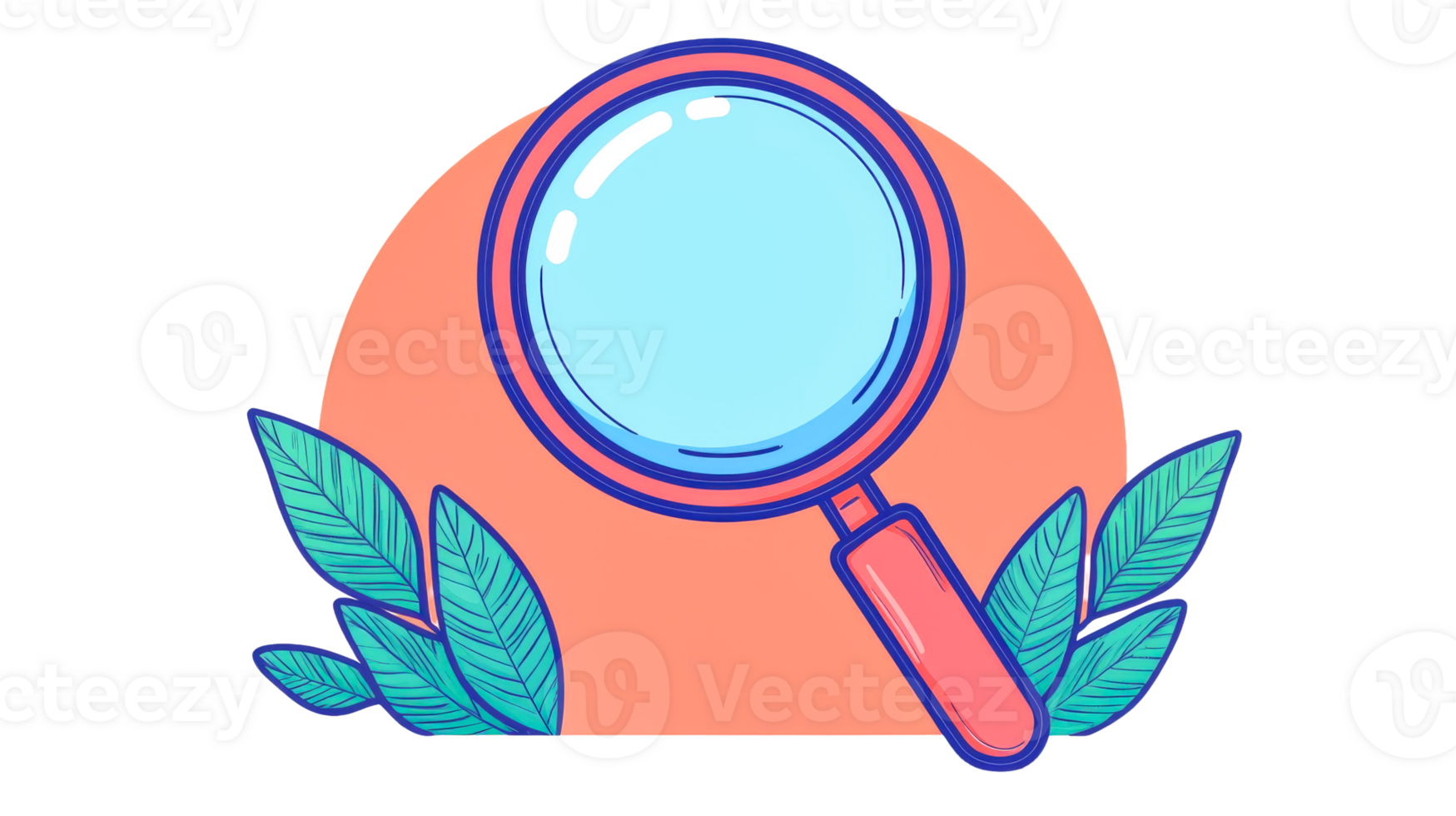 Magnifying glass with leaves on black, cut out transparent png