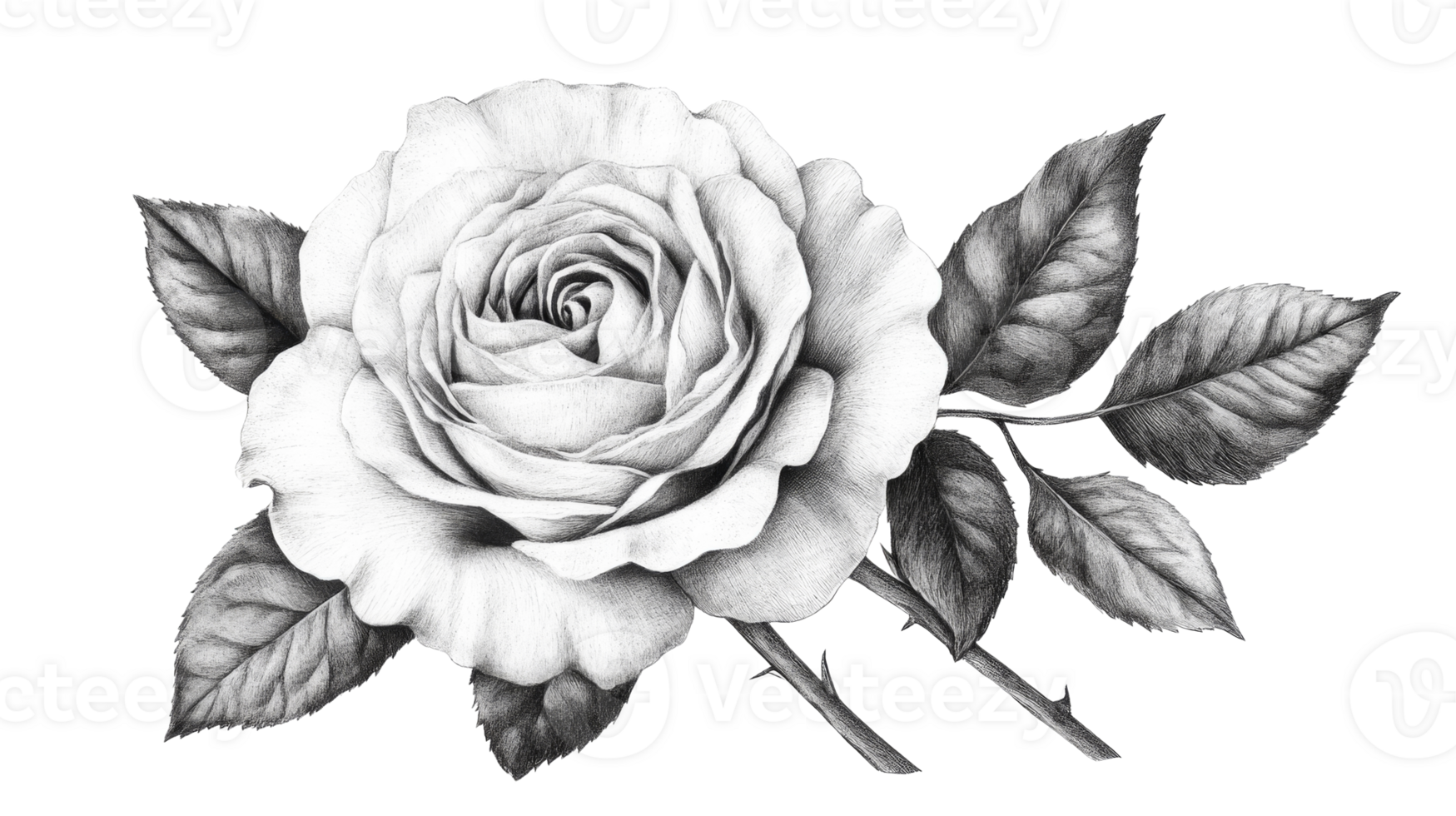 Delicate white rose drawing with leaves, artistic rendering, cut out transparent png