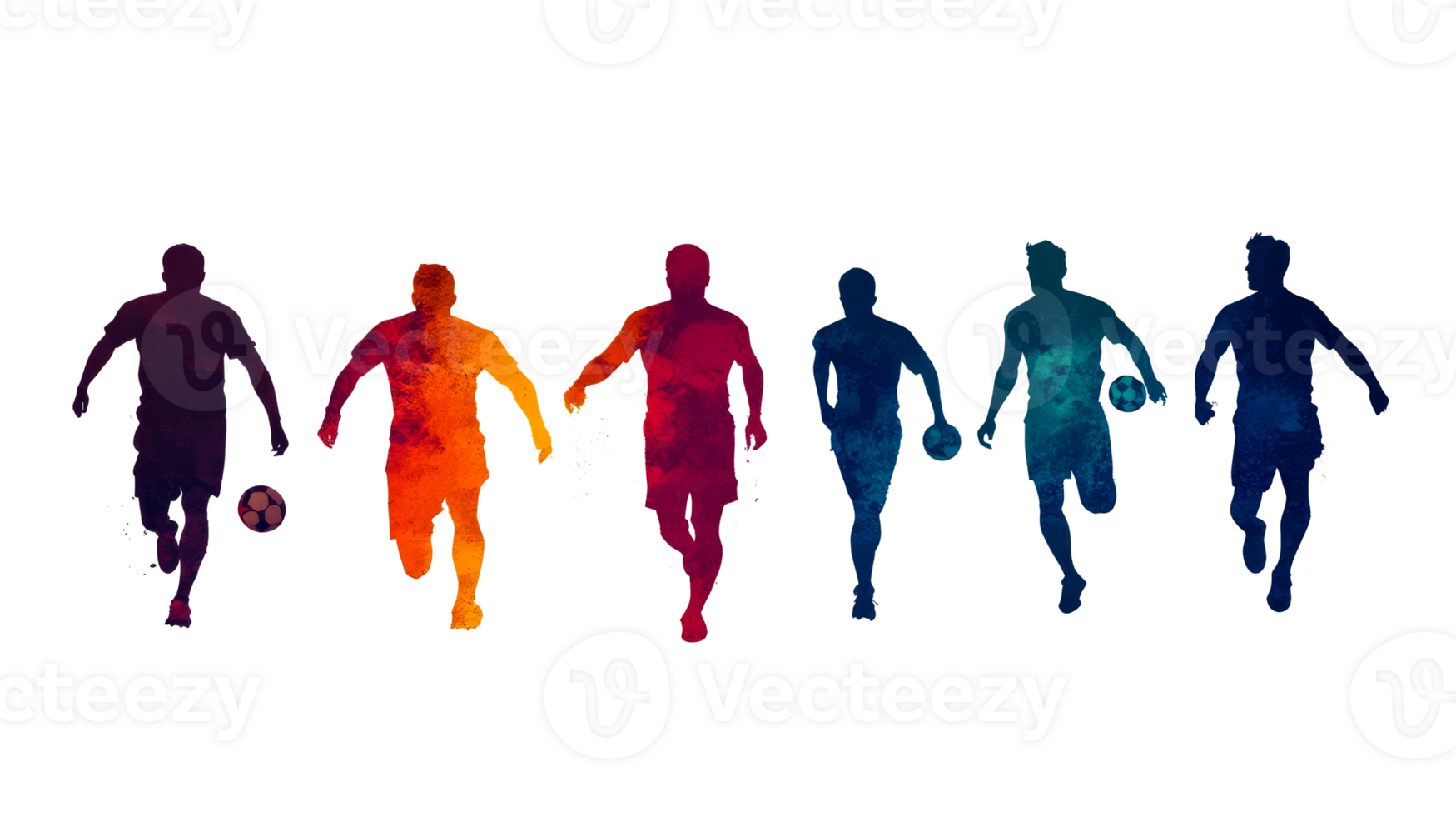 Soccer players running, various colors, watercolor drawing, cut out transparent png