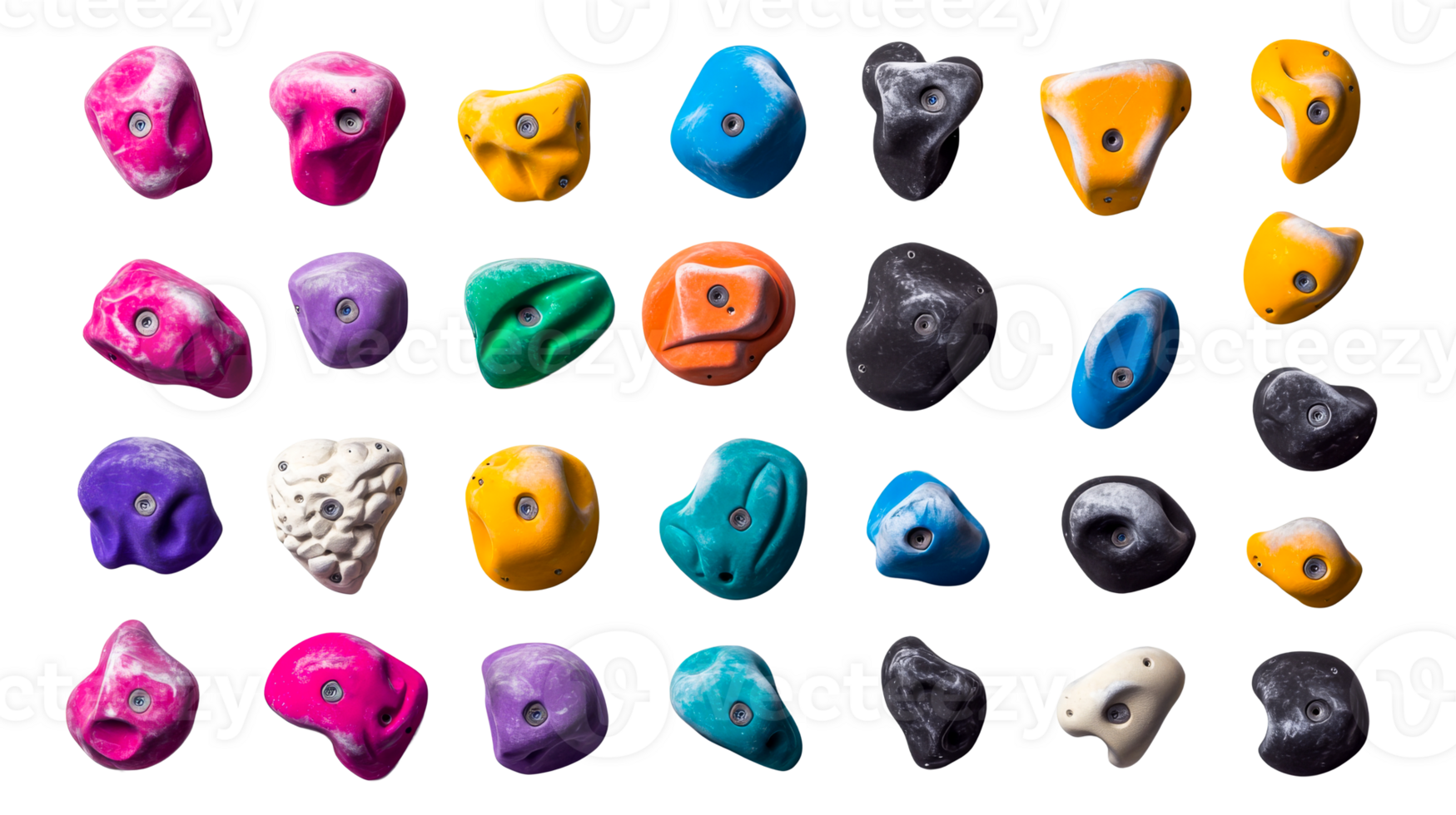 Collection of climbing holds in various colors and shapes, cut out transparent png