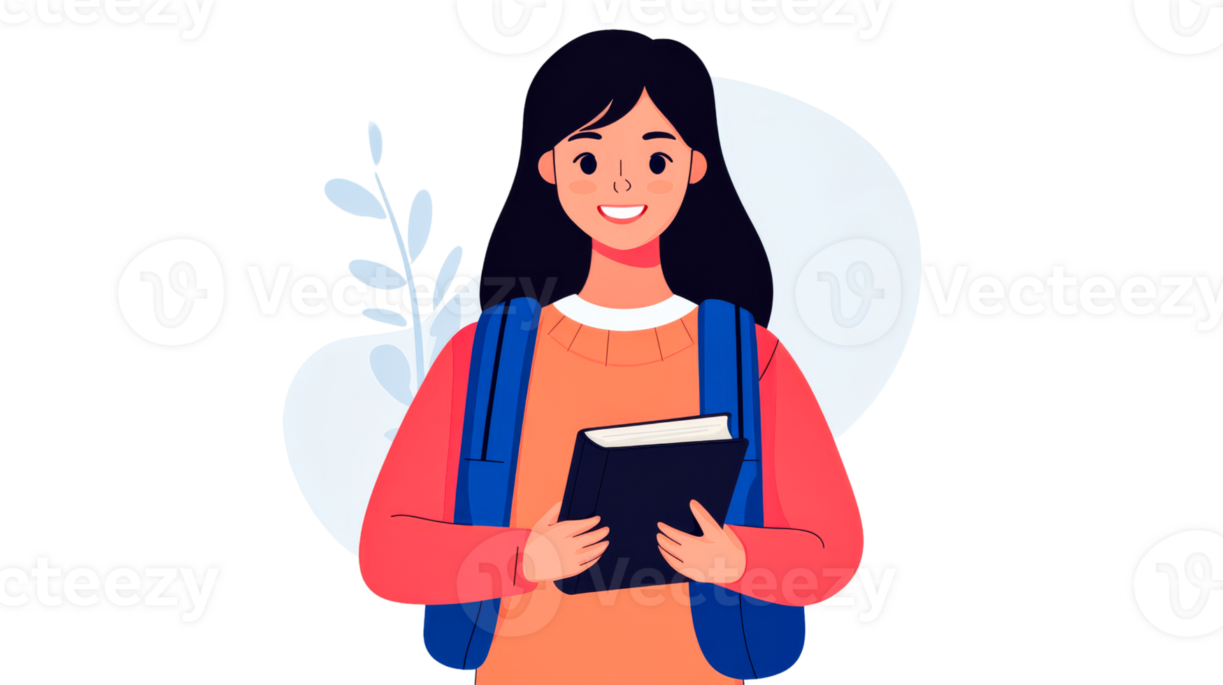 Smiling student holds a book and wears a backpack, cut out transparent png