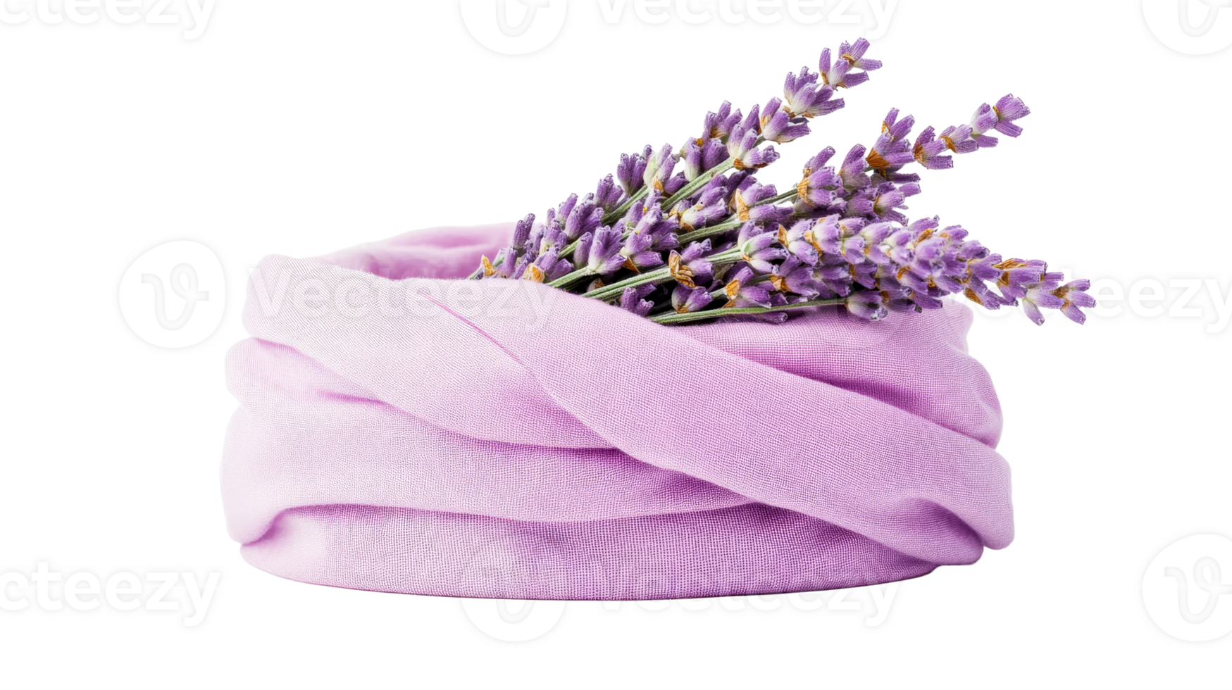 Lavender in lilac cloth on black background, floral decoration, cut out transparent png