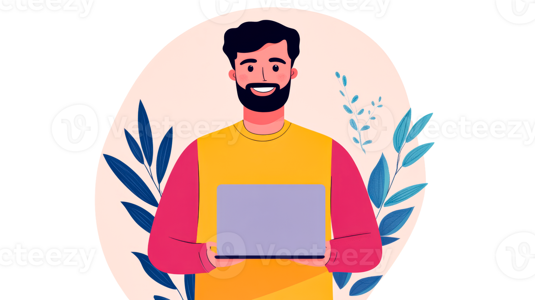 Man with laptop in botanical setting illustration, cut out transparent png