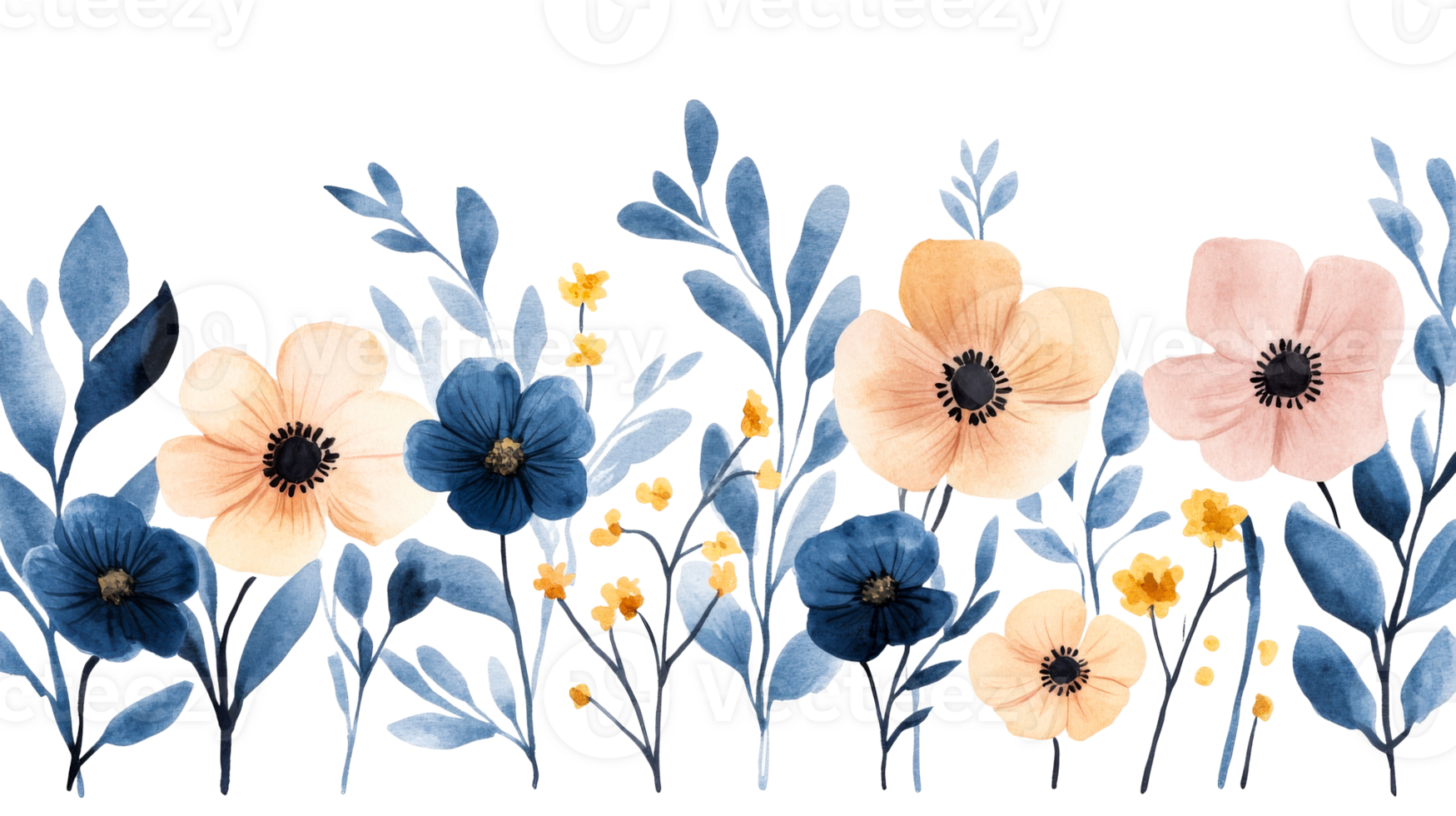 Delicate watercolor flower arrangement in blue and peach shades, cut out transparent png