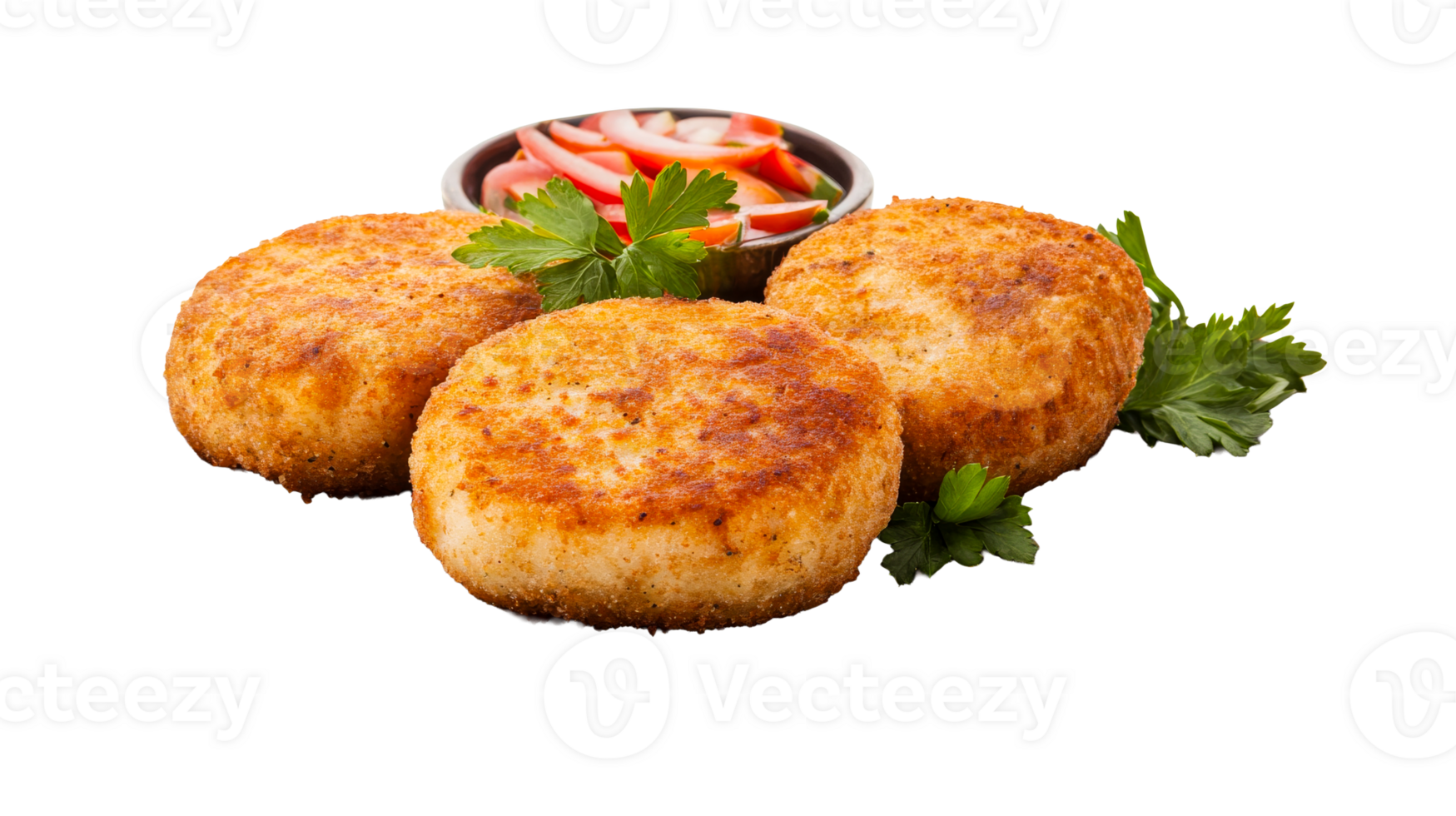 Three cutlets with tomatoes and parsley, cut out transparent png