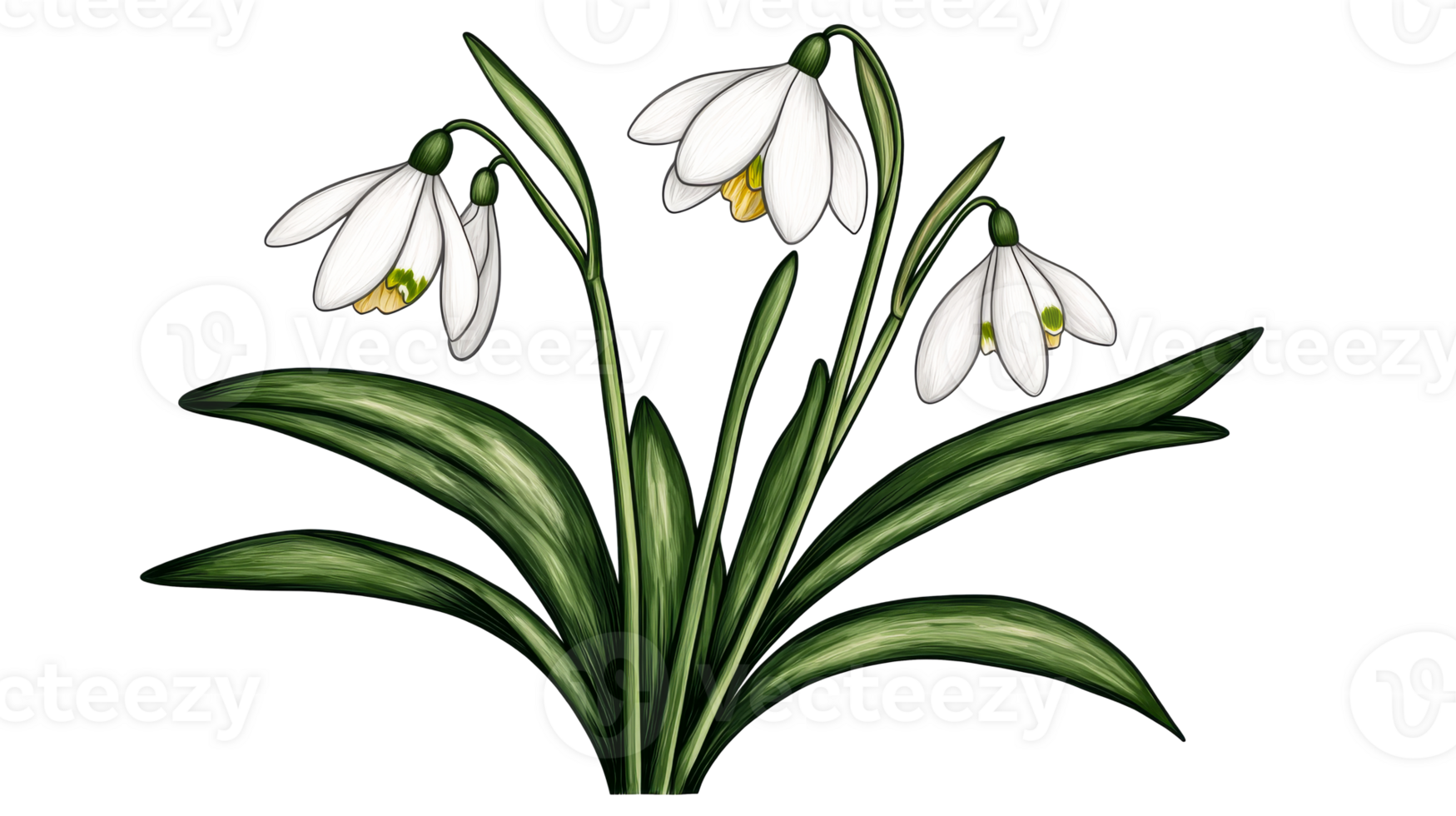 Snowdrops plant with foliage on a black background, cut out transparent png