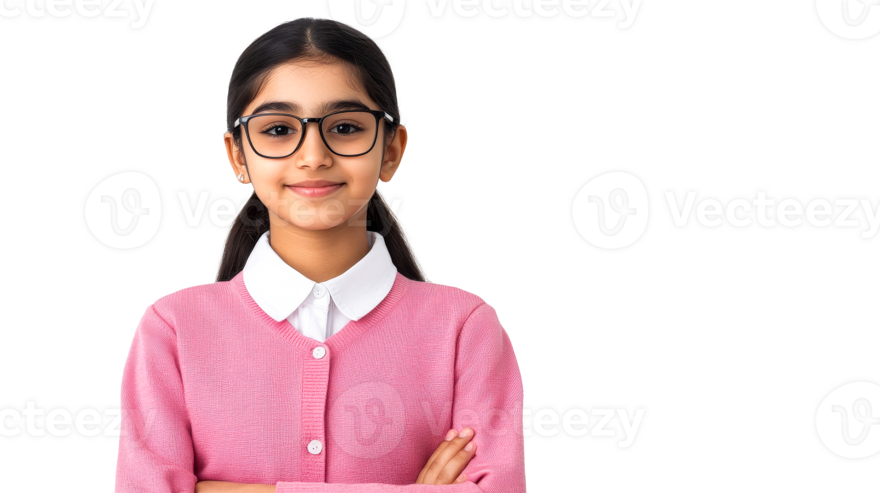 Schoolgirl with glasses in a pink cardigan, cut out transparent png