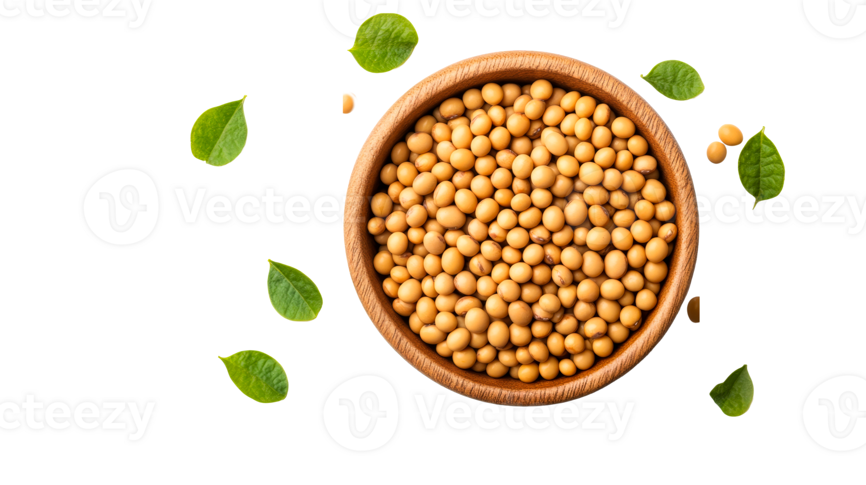 Bowl of soybeans with leaves, healthy nutrition, raw ingredient, cut out transparent png