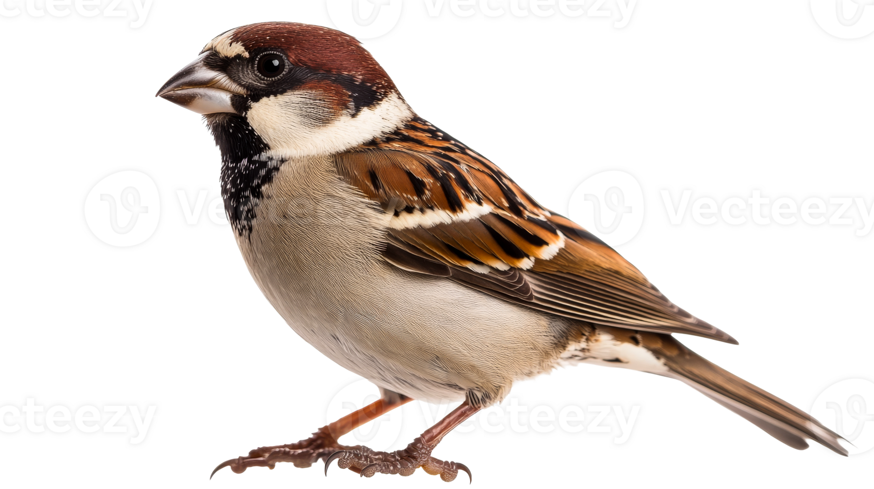 Sparrow perched alert, isolated bird portrait, brown plumage detail, cut out transparent png