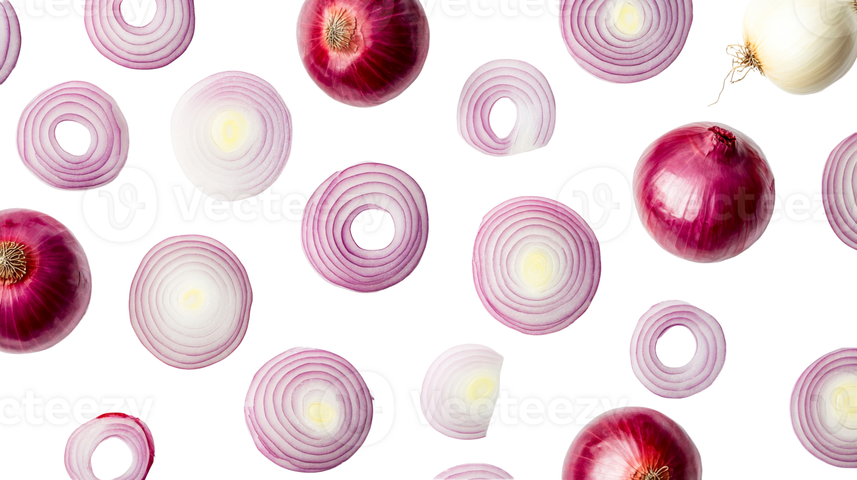 Red onion slices, full bulbs, arrangement, transparent background, cut out transparent png