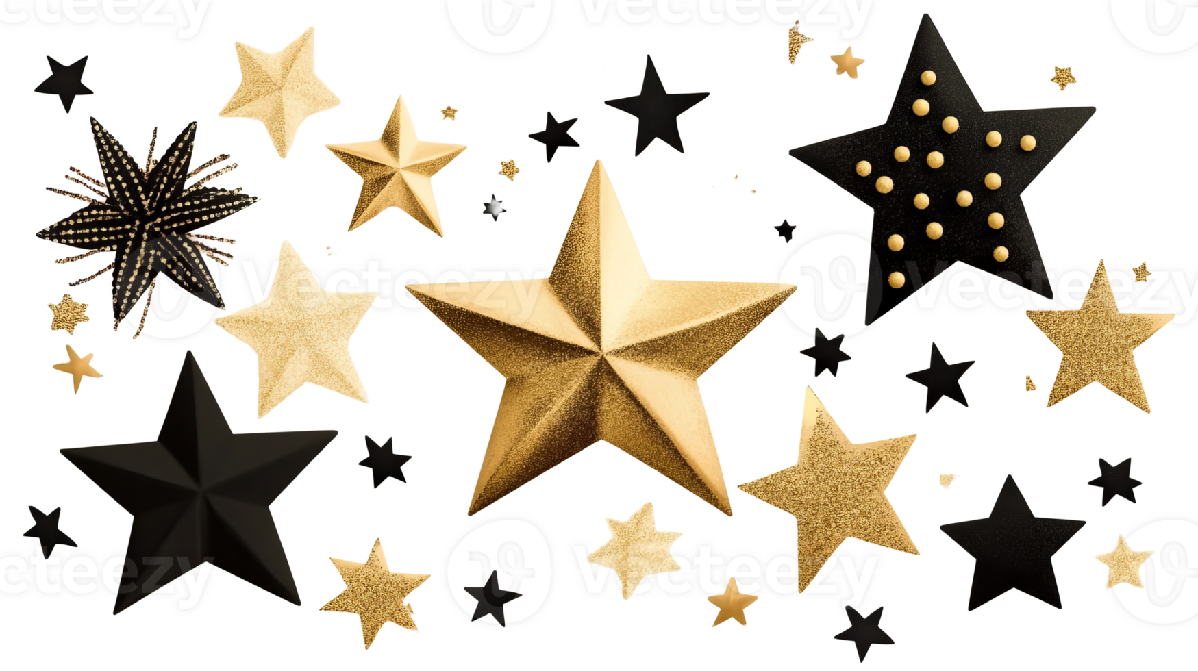 Assorted gold and black stars on black background, cut out transparent png