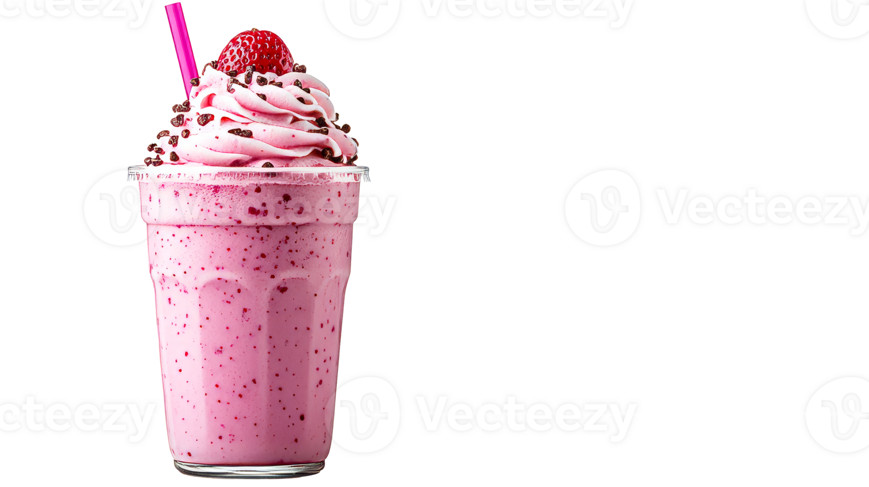 Strawberry milkshake with whipped cream and chocolate, cut out transparent png