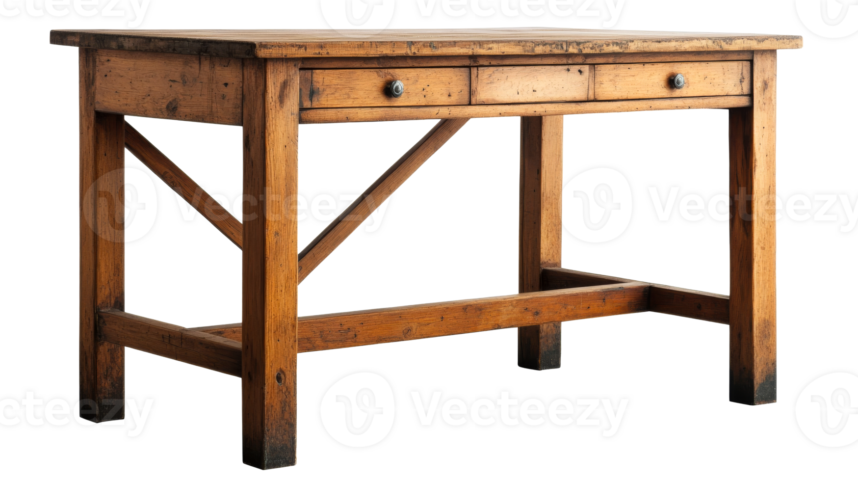 Rustic Wooden Desk with Drawers and Cross Bracing, cut out transparent png