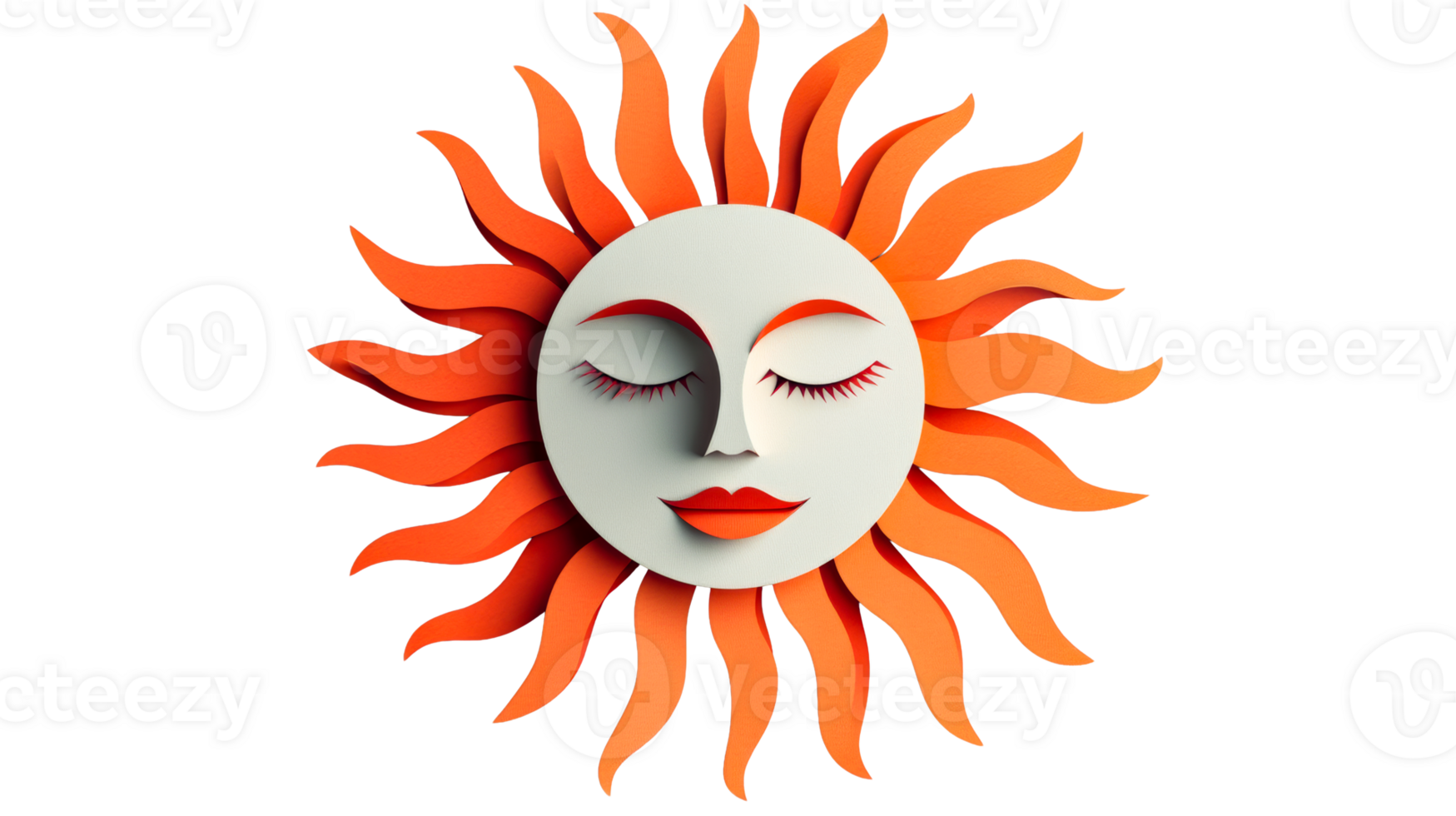 Orange sun face with closed eyes, papercraft design, cut out transparent png