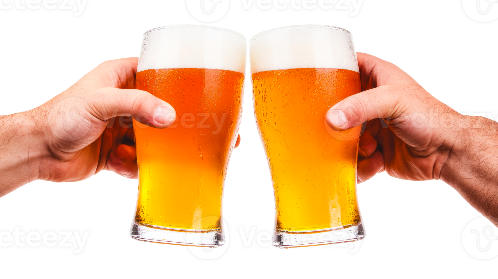 Two friends clinking glasses with beer, foam, cheers, cut out transparent png