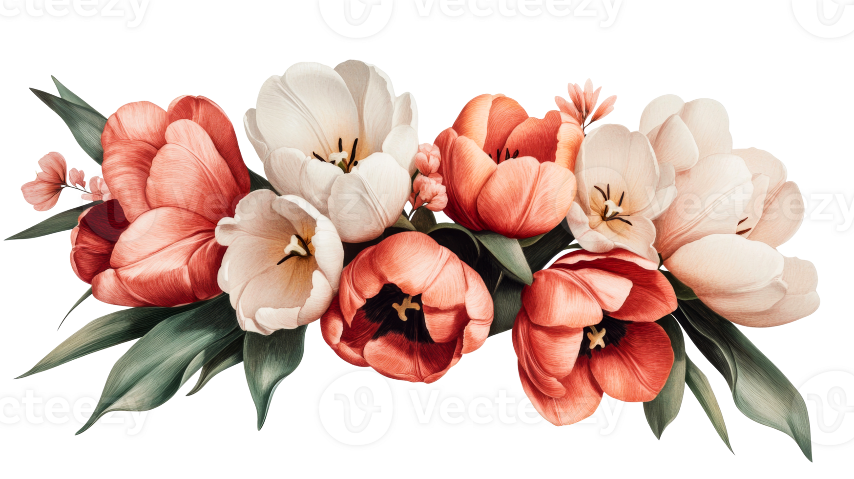 Floral arrangement with tulips of red and white, cut out transparent png