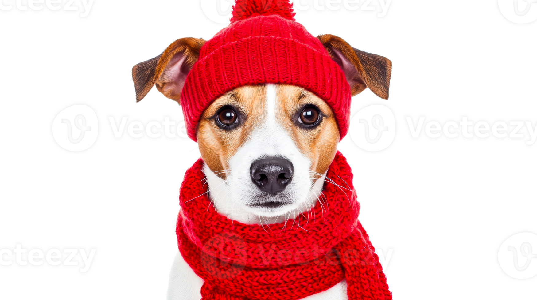 Dog in red hat and scarf portrait, winter fashion, pet apparel, cut out transparent png