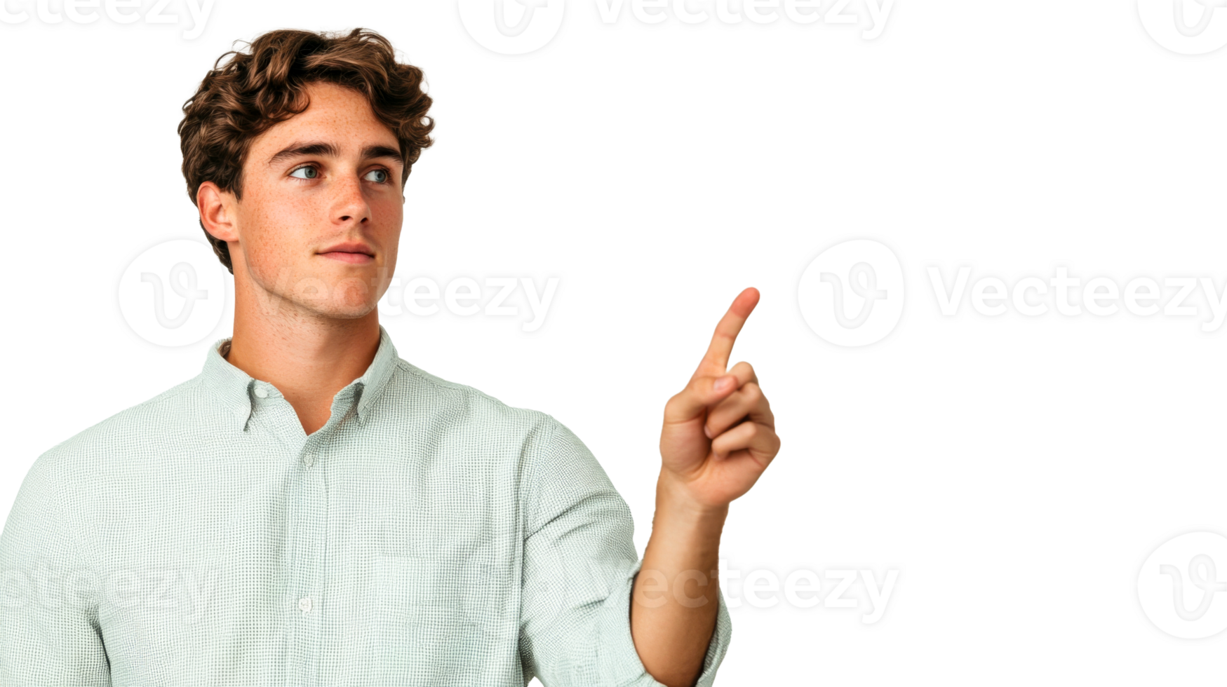 Young man pointing up, gesturing with finger, isolated, cut out transparent png