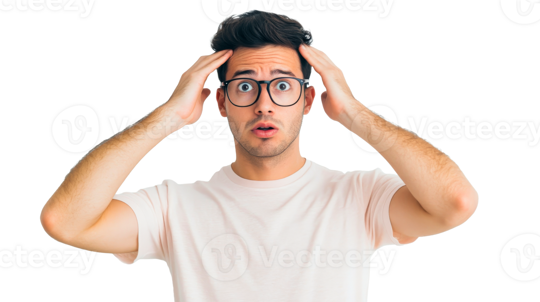 Young man expressing panic, fear, surprise, hands on head, cut out transparent png