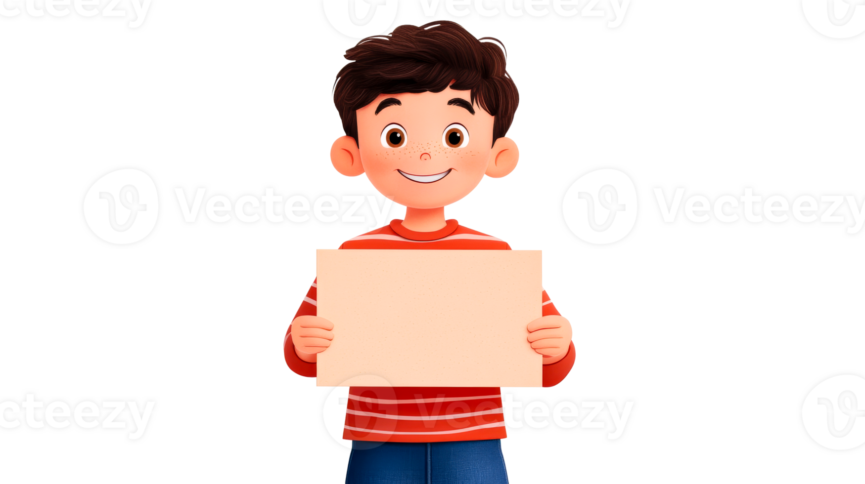 Cheerful boy holding blank sign isolated, cut out transparent png