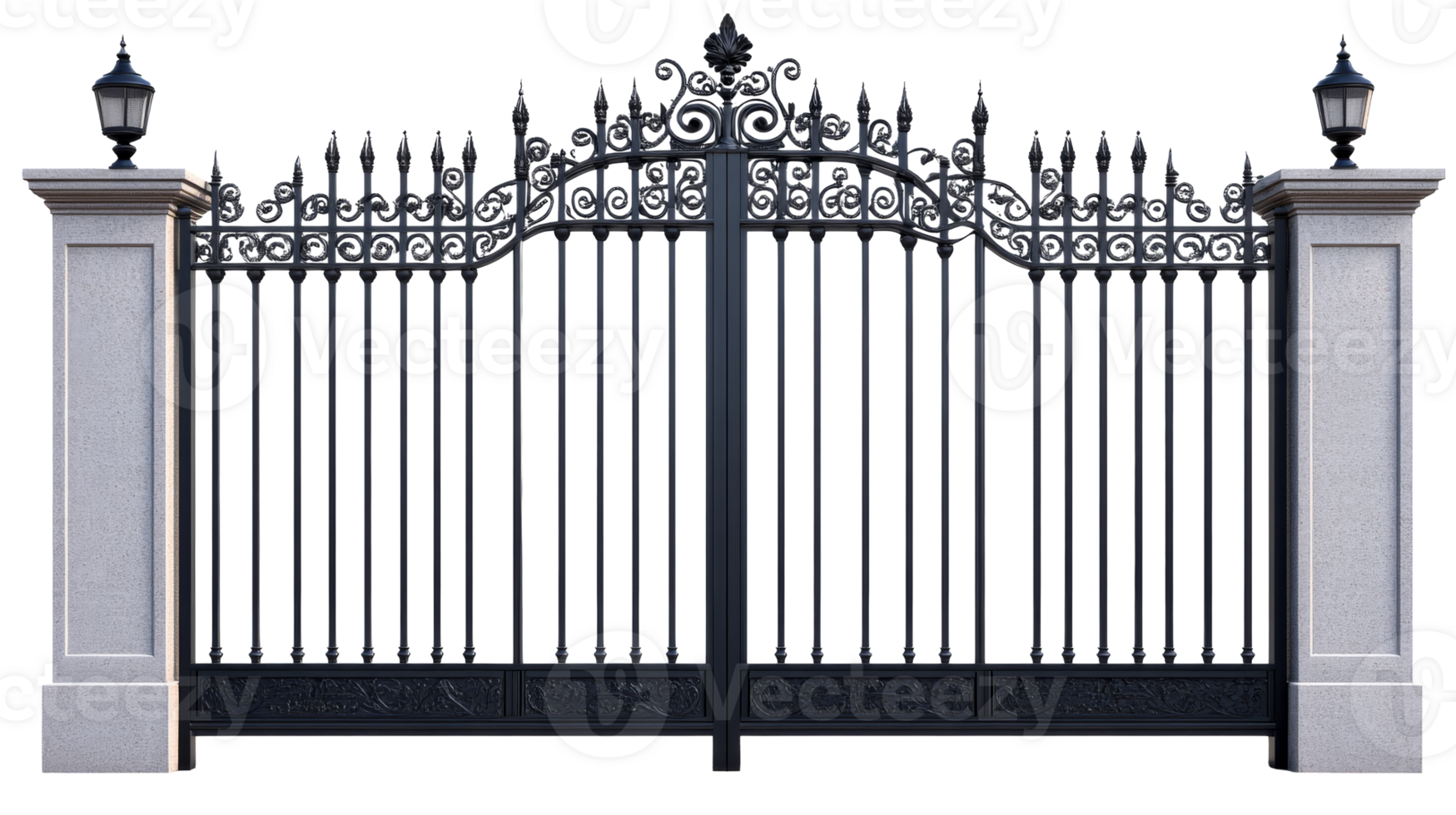 Ornate wrought iron gate with stone pillars, cut out transparent png