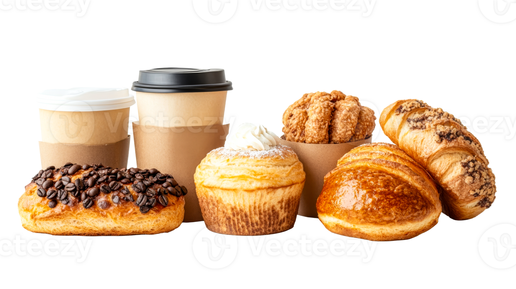 Assorted pastries and coffee cups, on black background, cut out transparent png