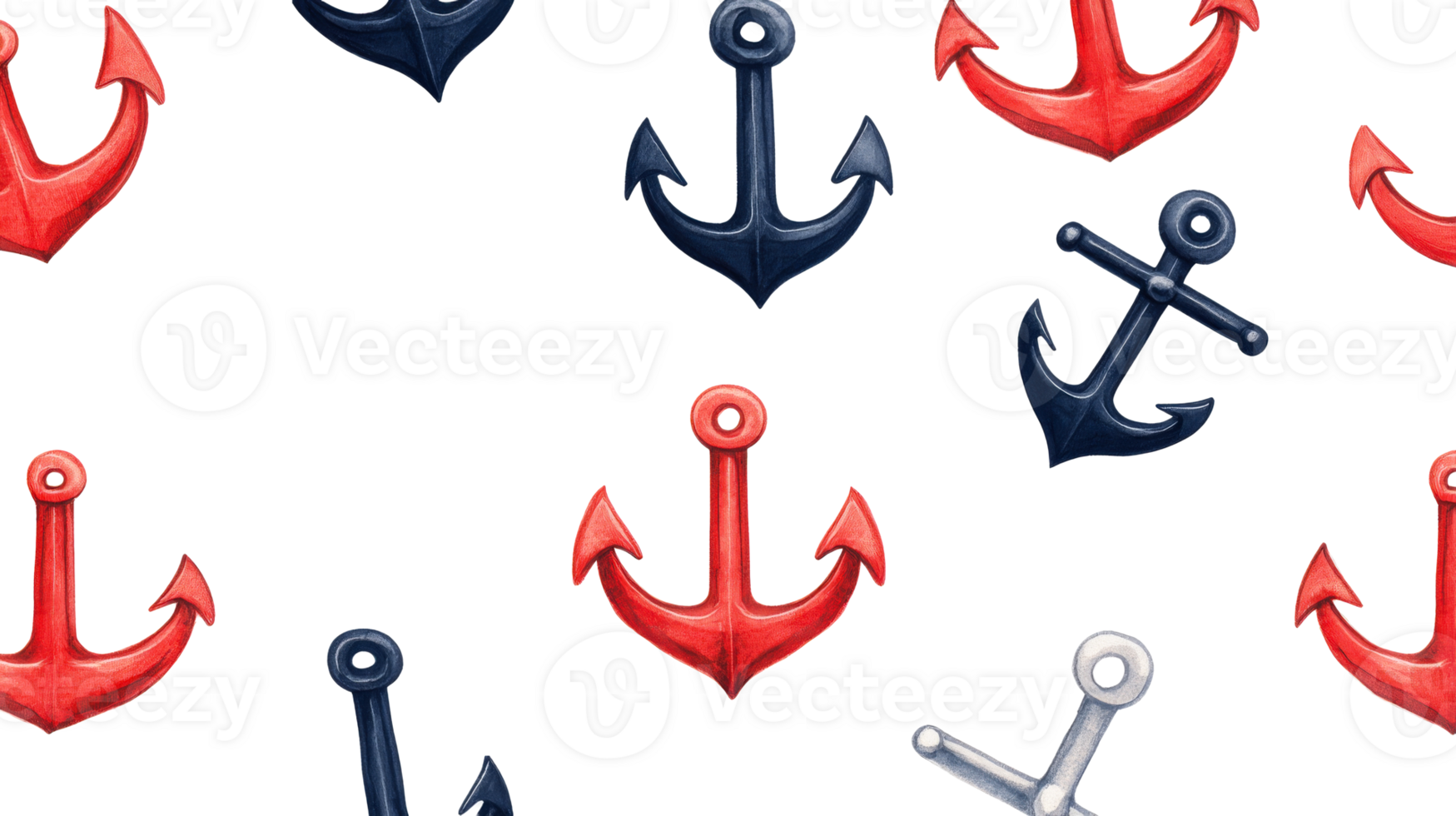 Watercolor nautical anchor background pattern, red, navy, silver, cut out transparent png