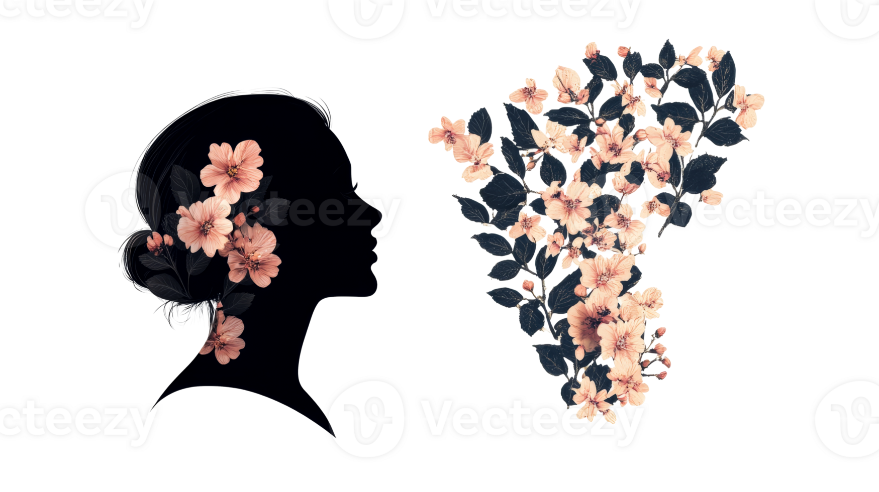 Floral woman silhouette with peach blossoms and leaves, cut out transparent png