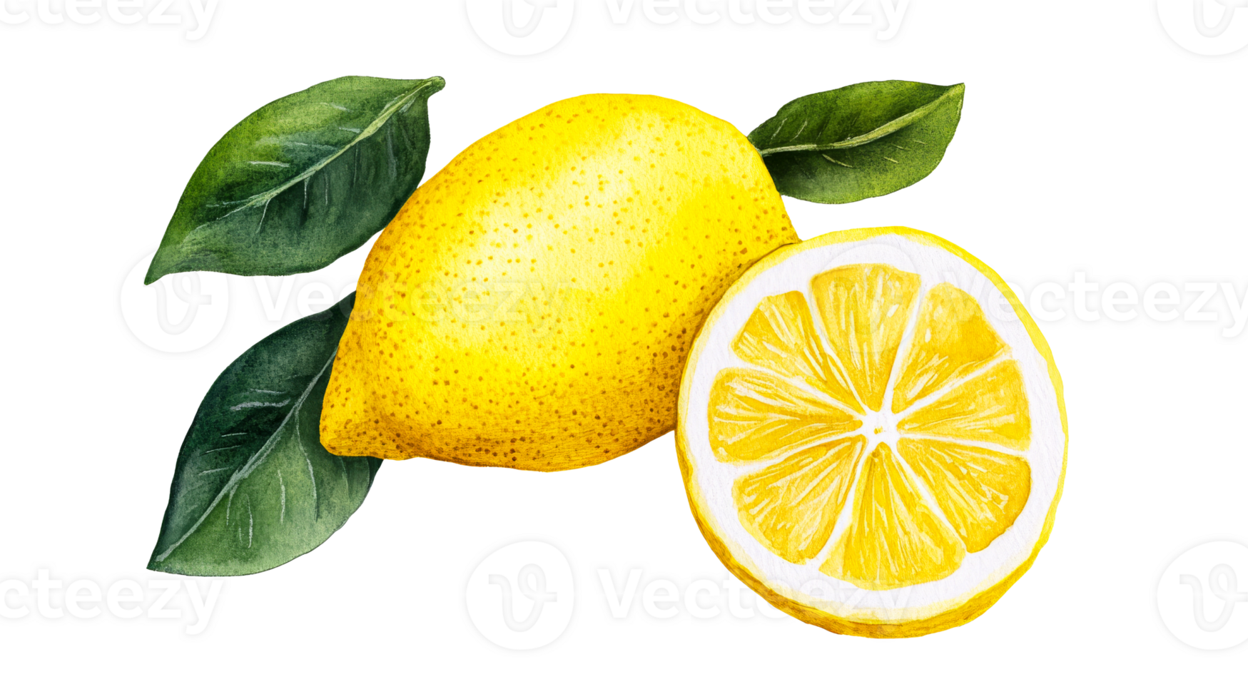 Lemon, lemon slice, leaves, botanical illustration, isolated, cut out transparent png