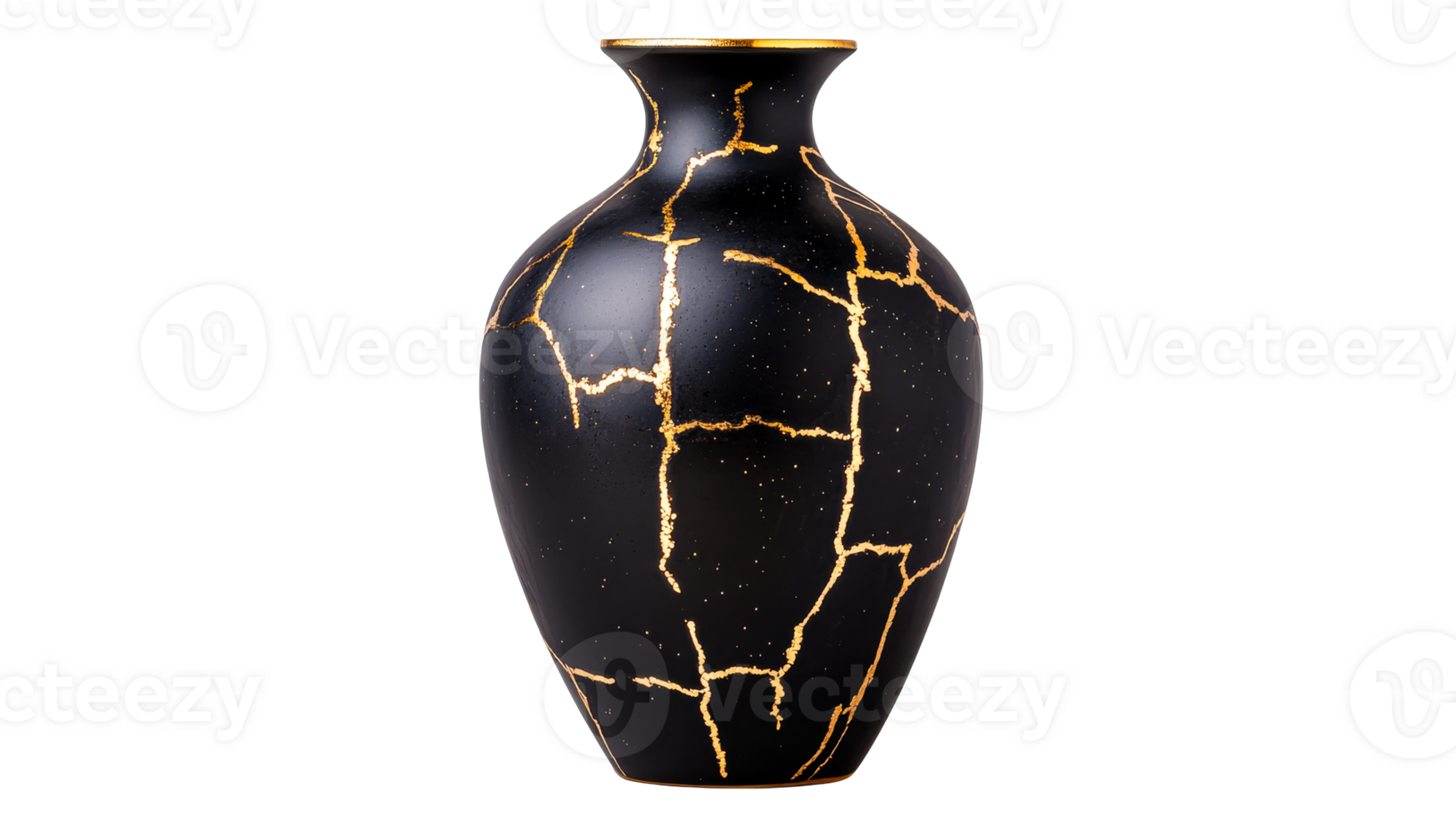 Elegant black vase with gold cracks artistic Kintsugi, cut out transparent png