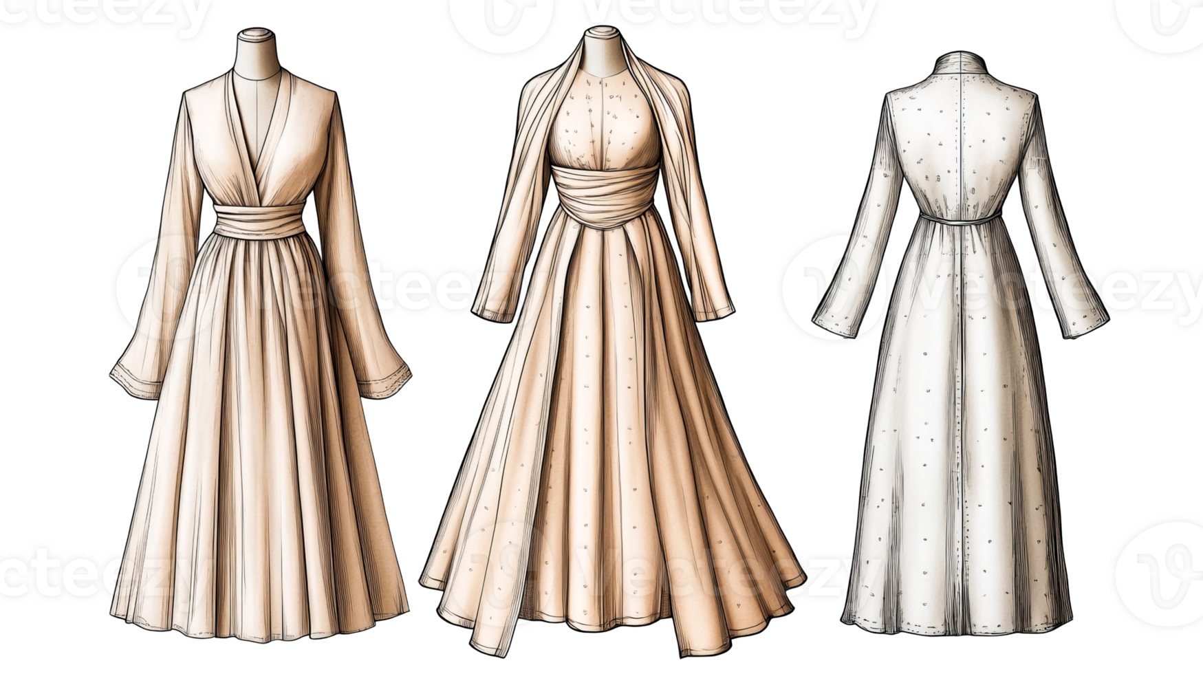 Sketches of elegant dresses on mannequins, fashion illustrations, cut out transparent png