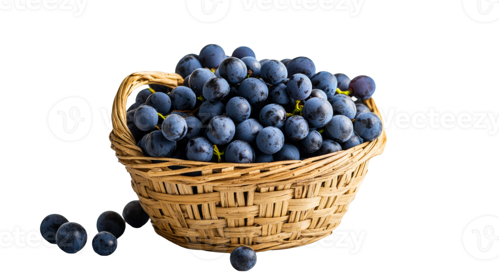 Wicker basket filled with fresh grapes, fruits, still life, cut out transparent png