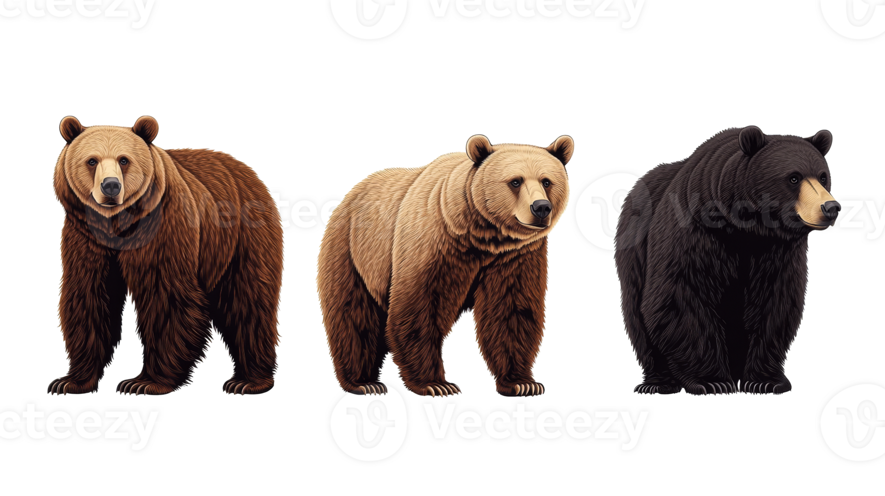 Three different species of bears, standing isolated, cut out transparent png