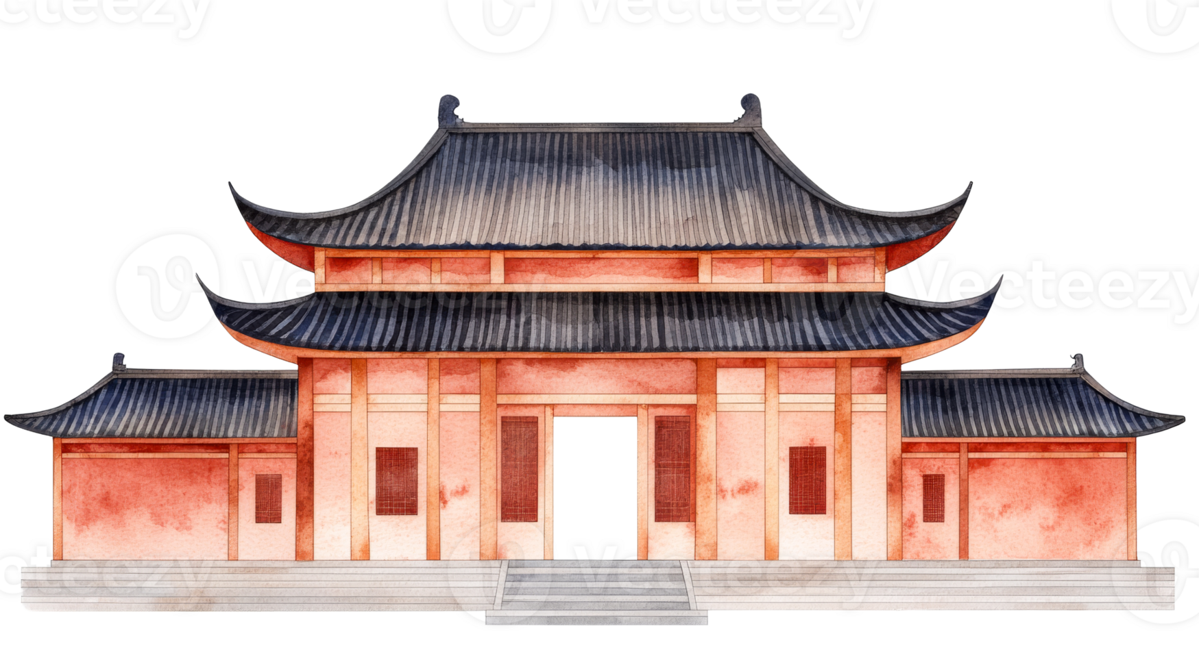 Traditional East Asian building on black background, cut out transparent png