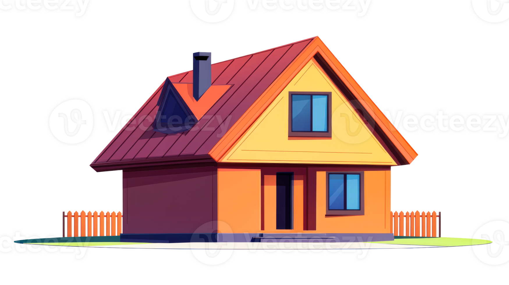Small Two-Story House with Red Roof and Picket Fence, cut out transparent png