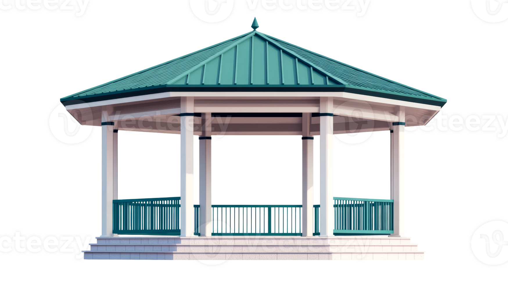 Elegant octagonal gazebo with green roof, isolated on black, cut out transparent png