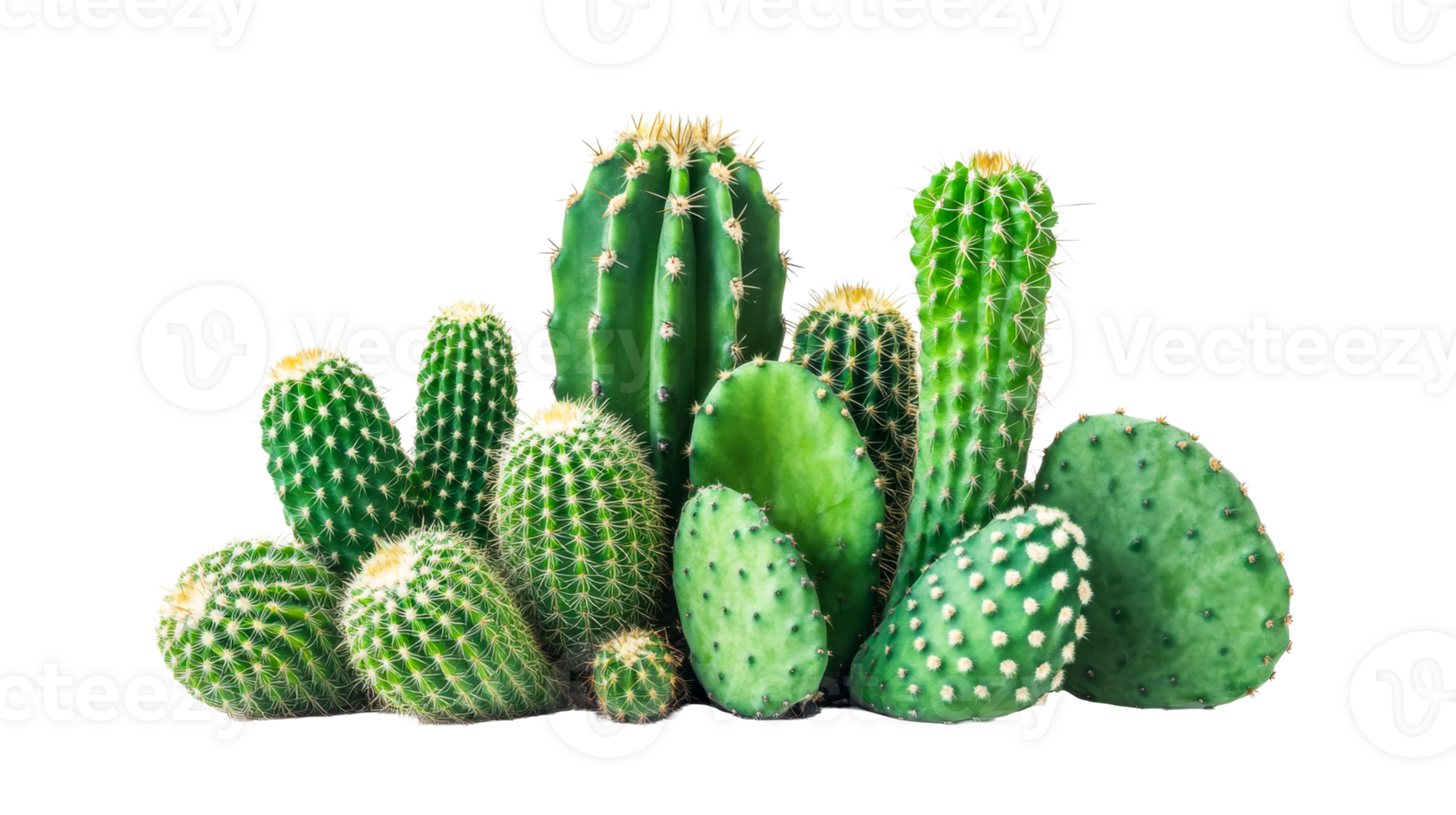 Group of various green cacti and prickly pear plants, cut out transparent png