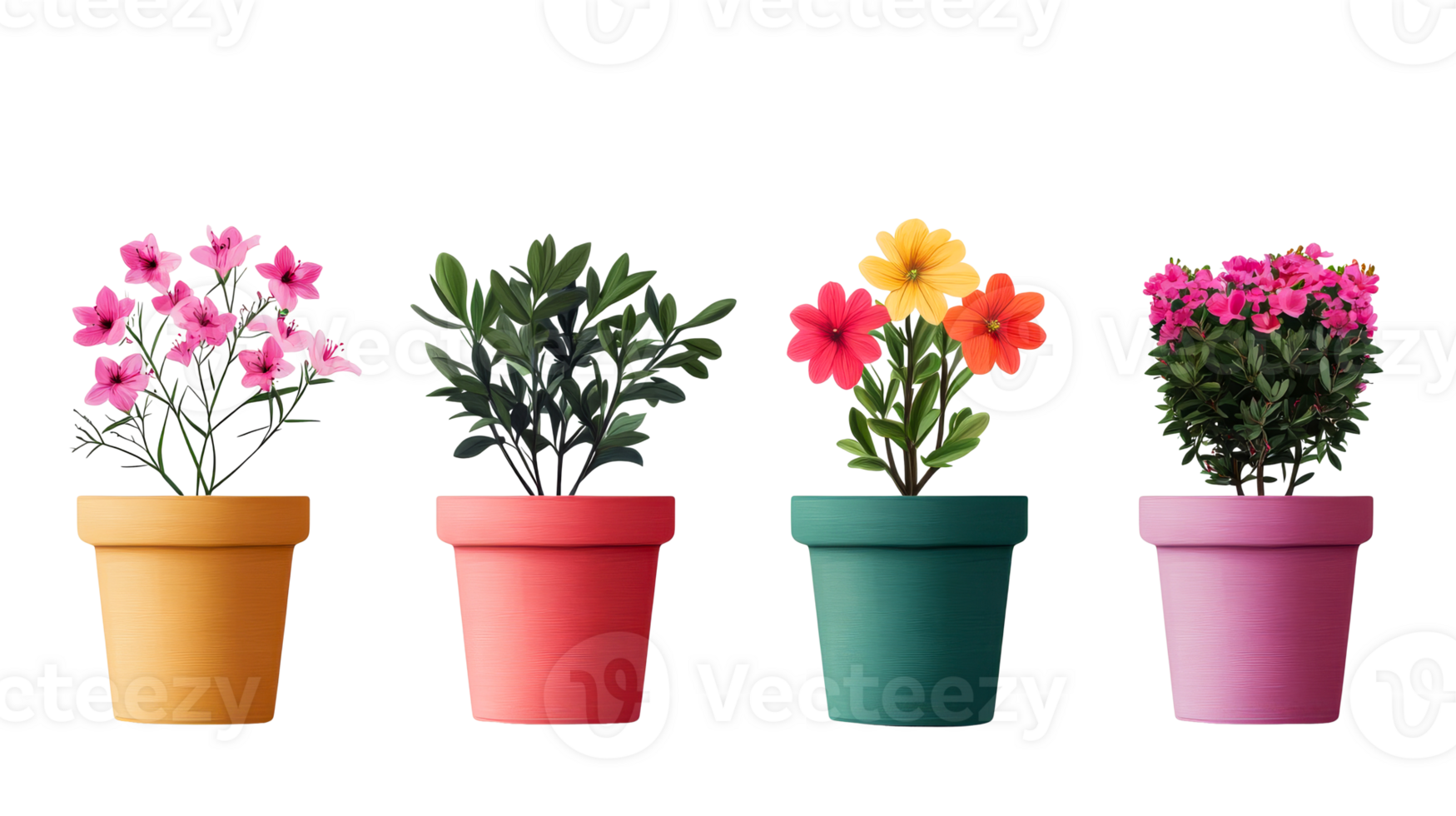 Four potted plants with colorful flowers, cut out transparent png